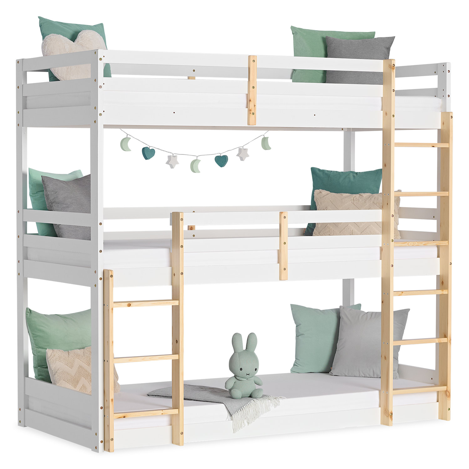 3-tier bunk bed, white/natural, 90x200 cm, with slatted base