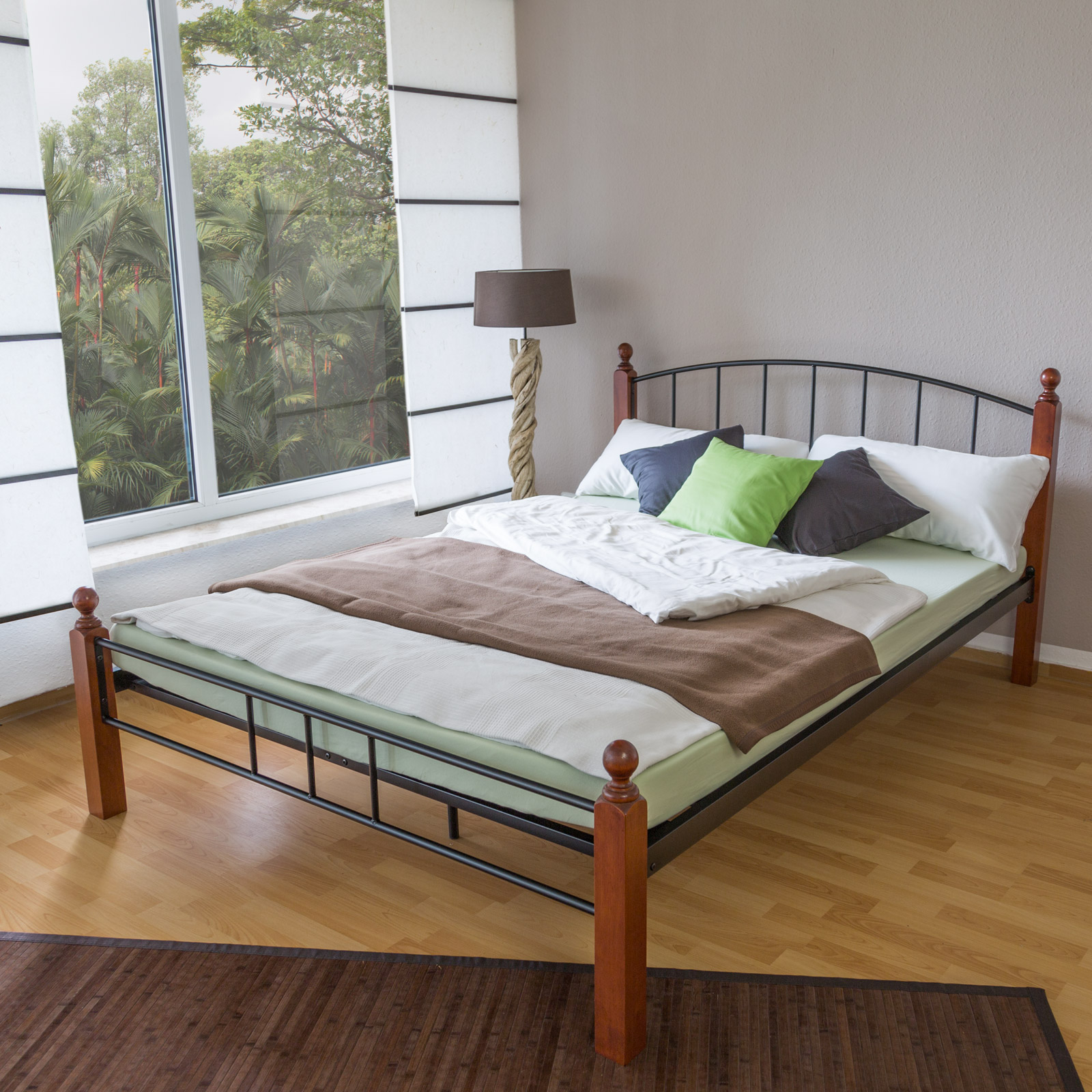 Metal Bed 140 160 180 with slatted frame Double Bed Frame Bedstead Black Brown Wood