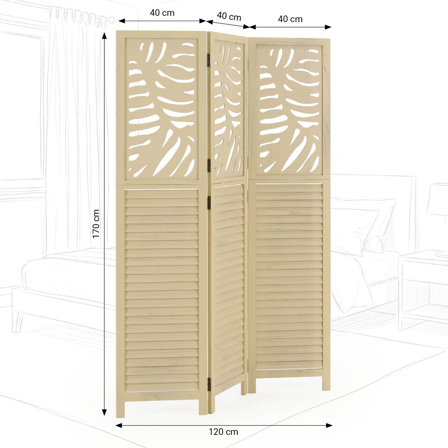 3-Panel "Natur" Folding Screen – Wooden Room Divider with Rattan Look & Pattern