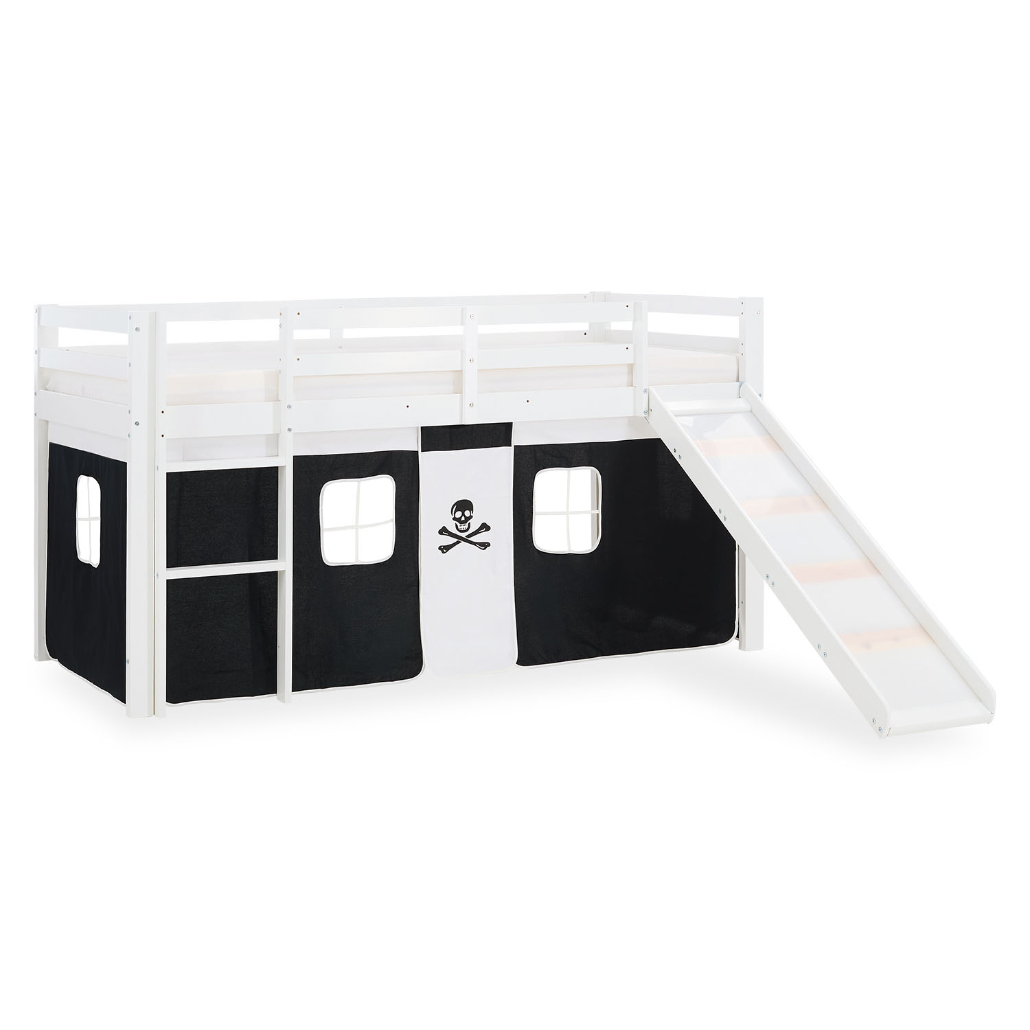Loftbed 90x200 cm Bunk bed Childrens bed Solid Pine Wood Tower Tunnel Curtain Black Pirate Slide Mattress Slats