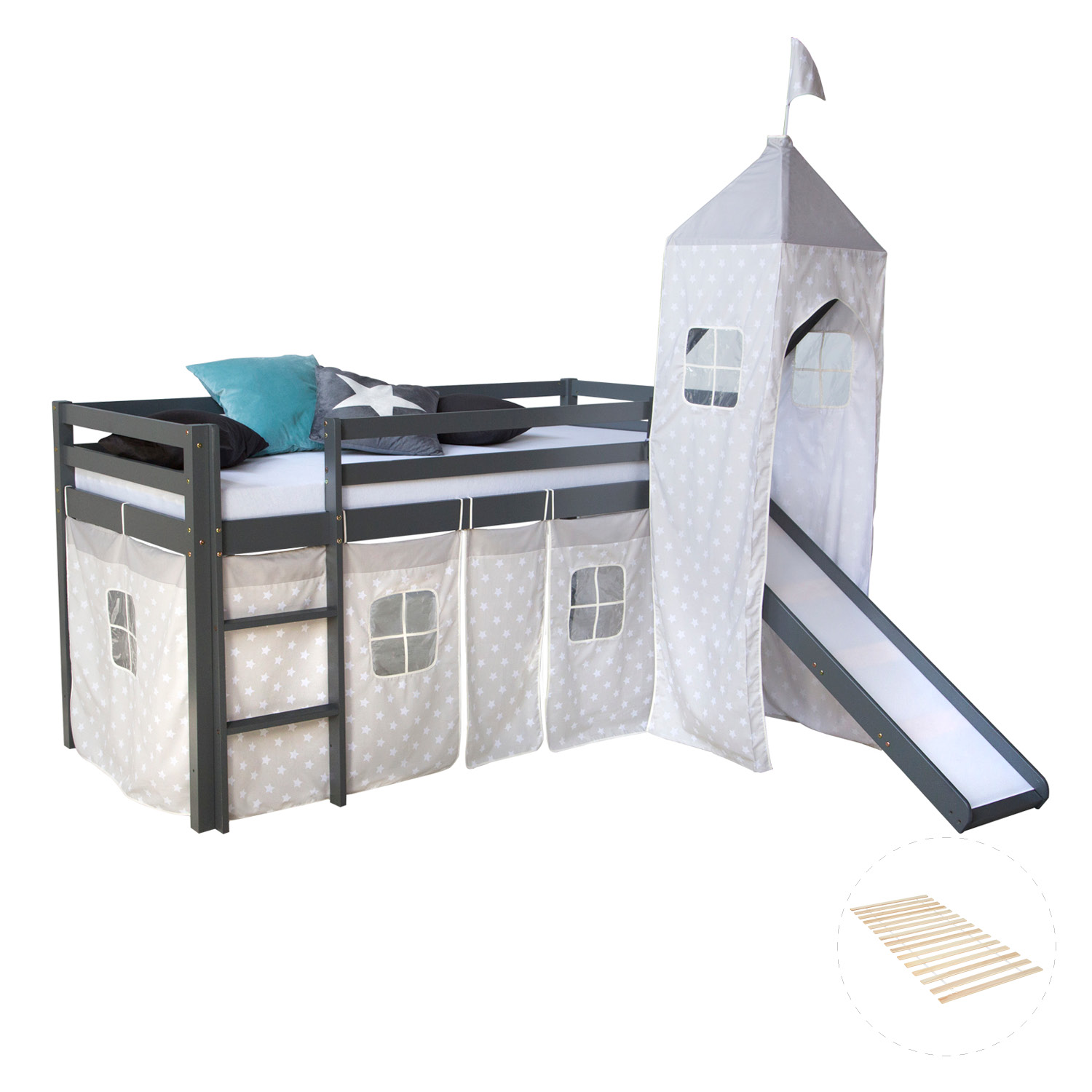 Kinderhochbett in Grau mit Elementen aus Kiefernholz, Lattenrost, Rutsche, Spielturm, Spielvorhang und Sternenmotiv. Der Artikel ist freigestellt auf weißem Hintergrund abgebildet. Sichtbare Details sind eine Leiter, seitliche Schutzgitter, ein Spielvorha