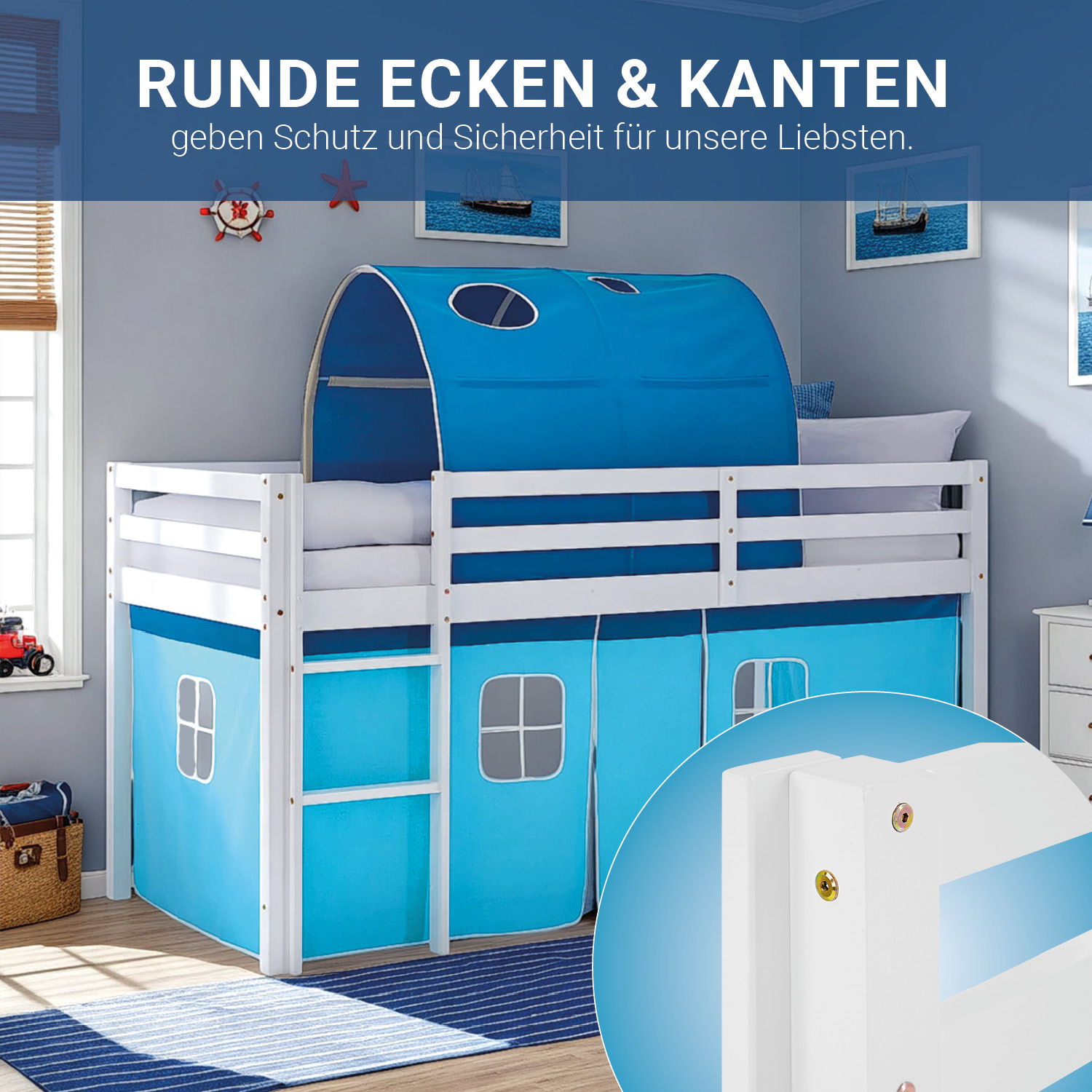 Children's Loft Bed 90x200 cm White with Blue Curtain | Tunnel | Includes Slatted Base and Mattress