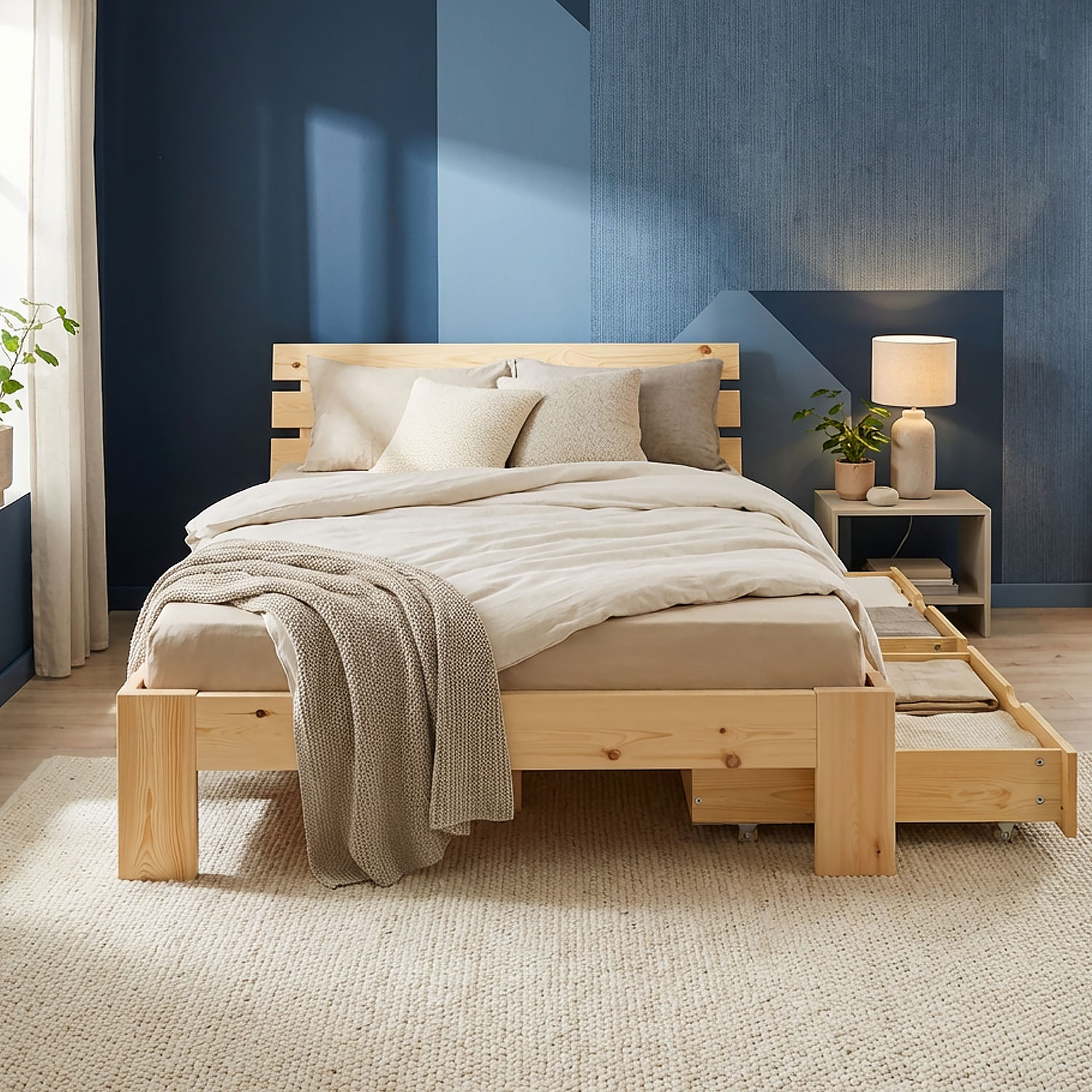 Wood Bed 120x200 cm Natural | Double Bed | with 2 Drawers | Solid | Kids Youth Guest Bedroom