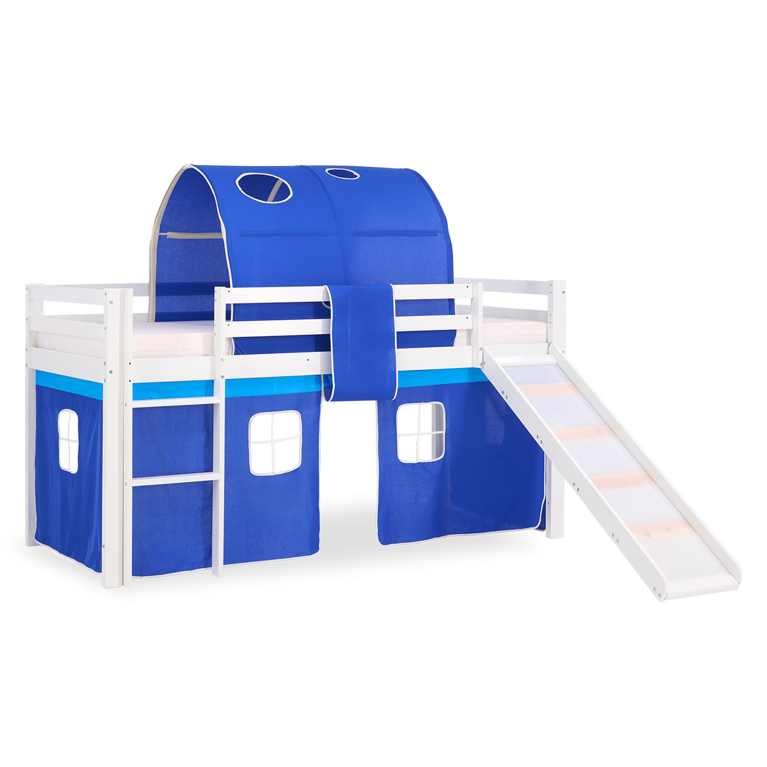 Children's Loft Bed 90x200 cm White with Blue Curtain | Slide | Tunnel | Includes Slatted Base | Includes Mattress