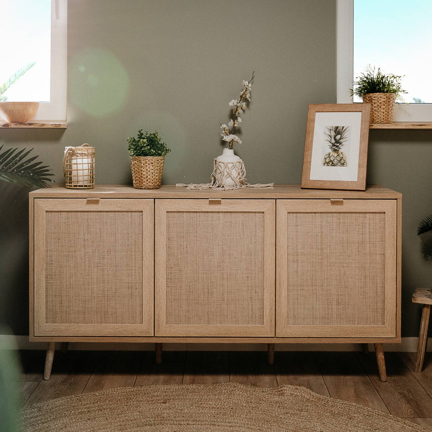 Sideboard Cabinet Cupboard Storage Solide Wood Rafia Brown
