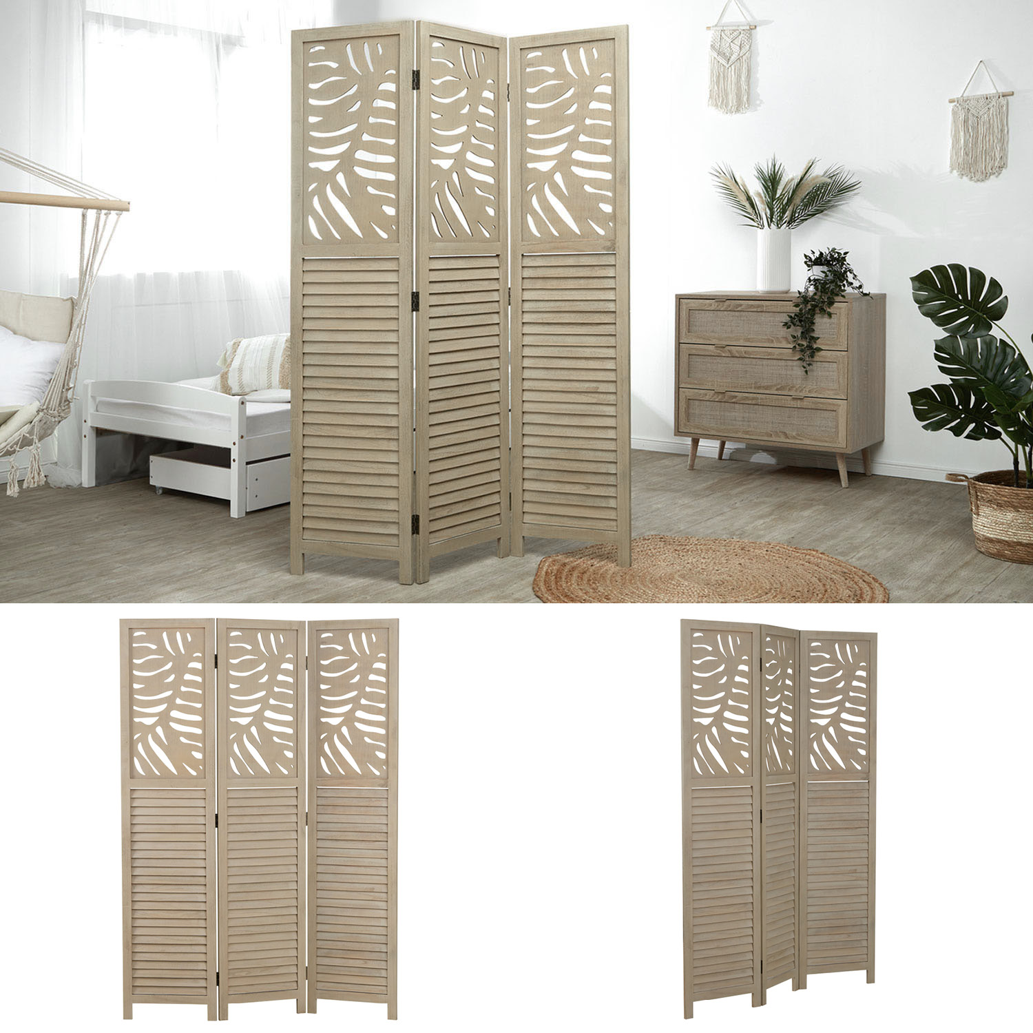 Paravent Natural Rattan-Style Decorations | 3-panel | Wood | Room Divider Partition Privacy Screen