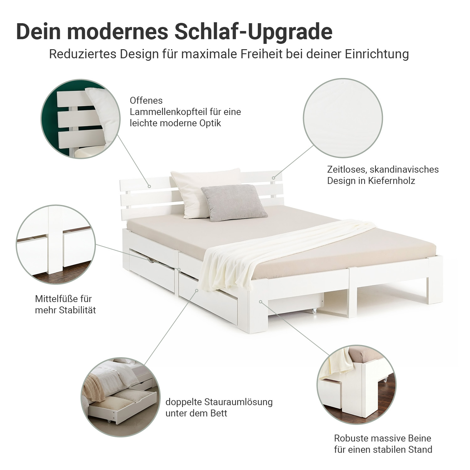Wood Bed 140x200 cm White | Double Bed with Storage 2 Drawers | with Mattress | Solid | Kids Youth Guest Bedroom