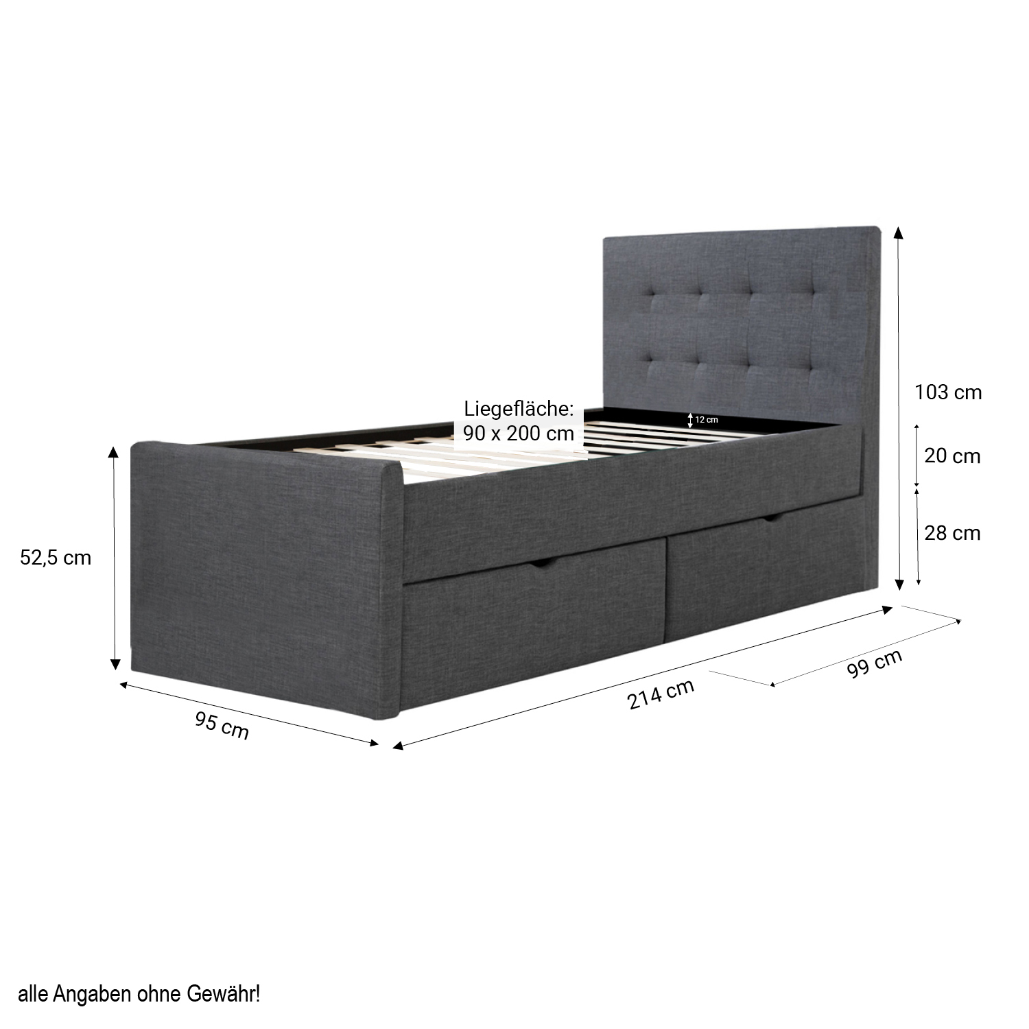 Upholstered Bed Frame Single Bed 90x200 Anthracite Platform Bed Fabric Headboard 2 Drawers