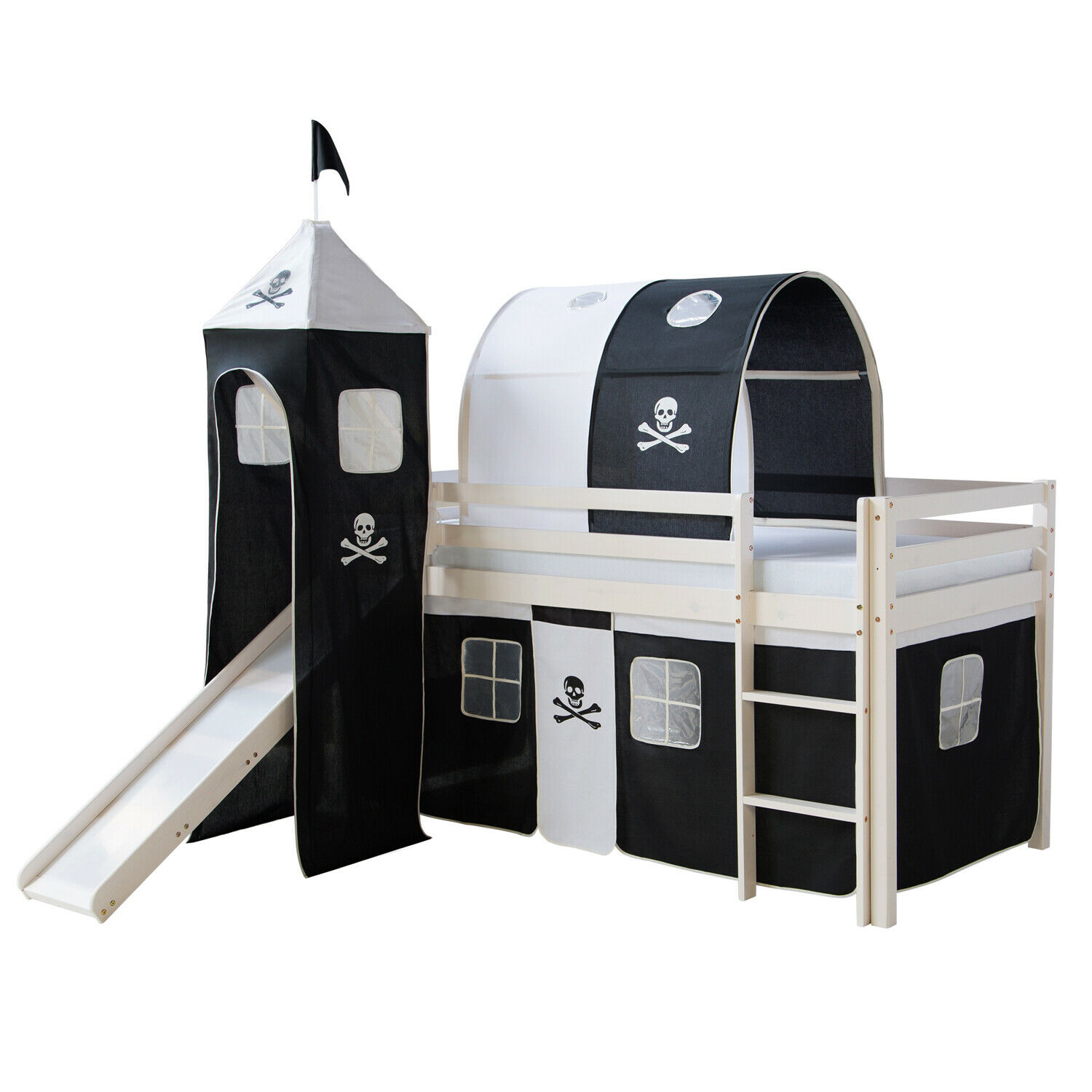 Loft Bed Kids 90x200 cm White with Curtain Black | Tunnel | Tower | Slide | without Slatted Frame Loft Bed Kids 90x200 cm White with Curtain Black | Tunnel | Tower | Slide | without Slatted Frame