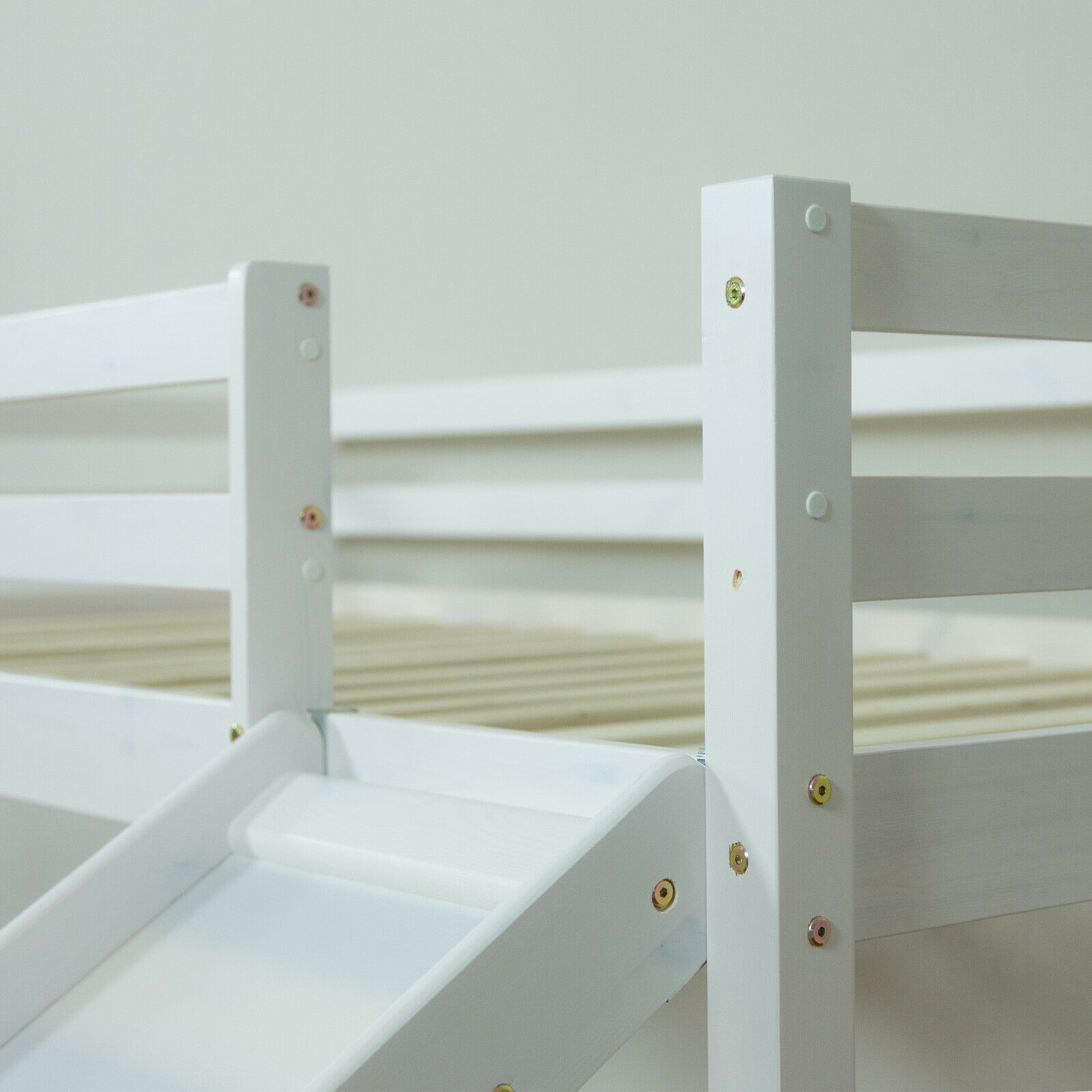 Loft Bed Kids 90x200 cm White with Curtain in Black | Tower | Slide | without Slatted Frame