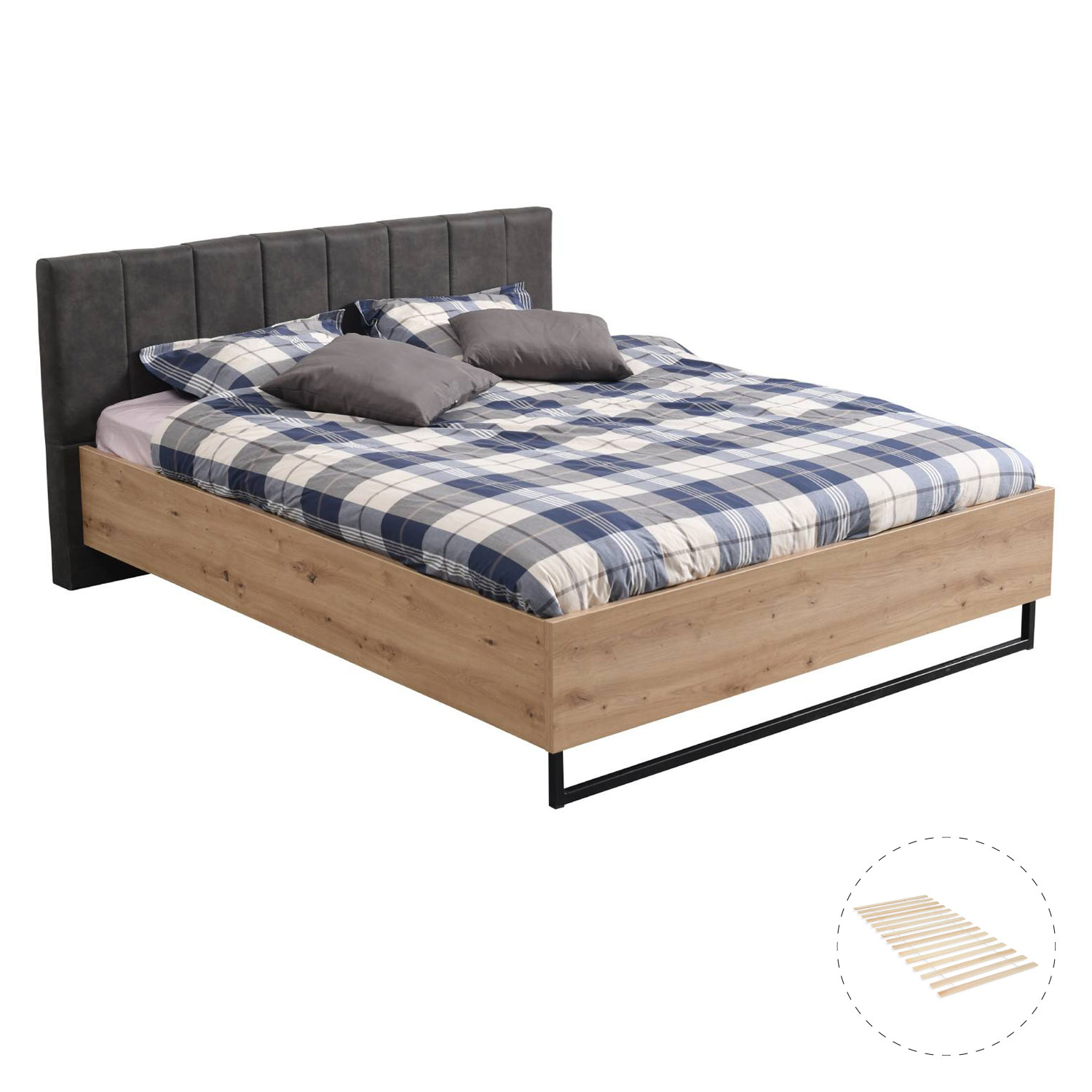Polsterbett in Grau mit Oberflächen in Eichenoptik, Stoffbezug, Lattenrost und Gestaltung im Industrial-Stil. Das Bett ist mit Matratze und Bettwäsche auf weißem Hintergrund abgebildet. Kopfteil, Bettrahmen und Untergestell sind sichtbar; ein kleines Deta