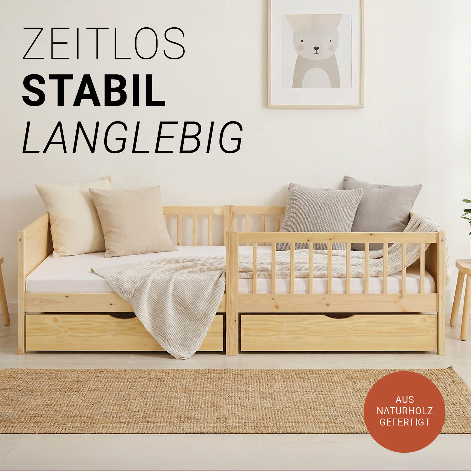 Children's Bed 90x200 cm Natural | Wooden bed with mattress | Single Bed | 2 drawers | Fall Protection