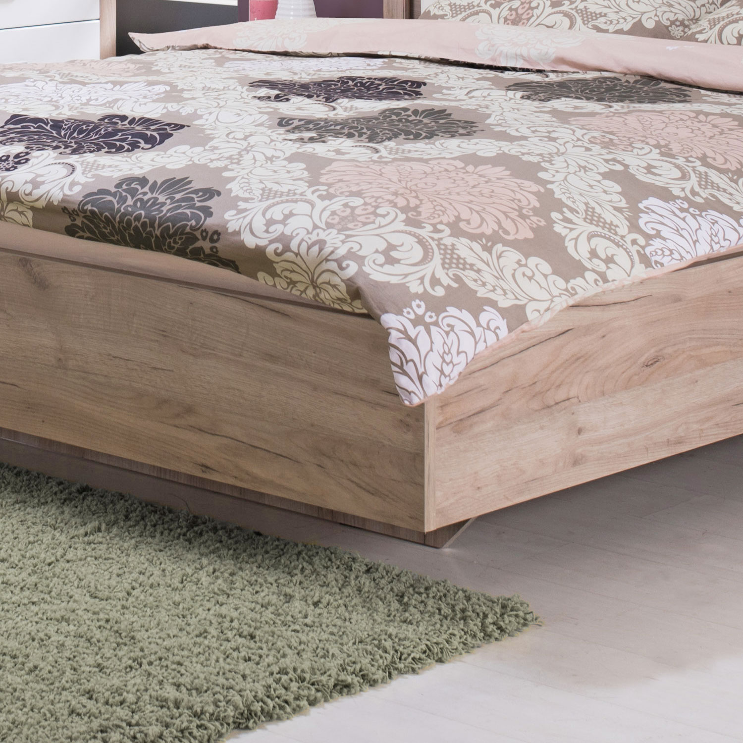 Wooden bed with upholstered headboard 160x200 cm oak und Leder Weiß | with 2 slatted frames | double fabric bed