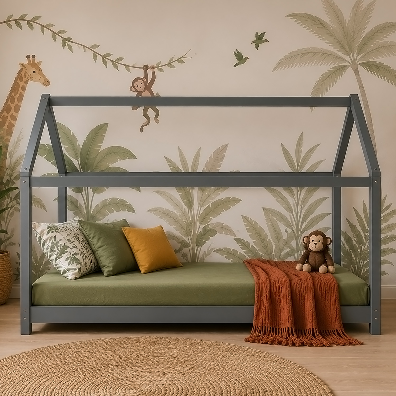 Children's Bed 90x200 cm Gray | House Bed | Single Bed | with Slatted Frame | Wood | Floor Bed