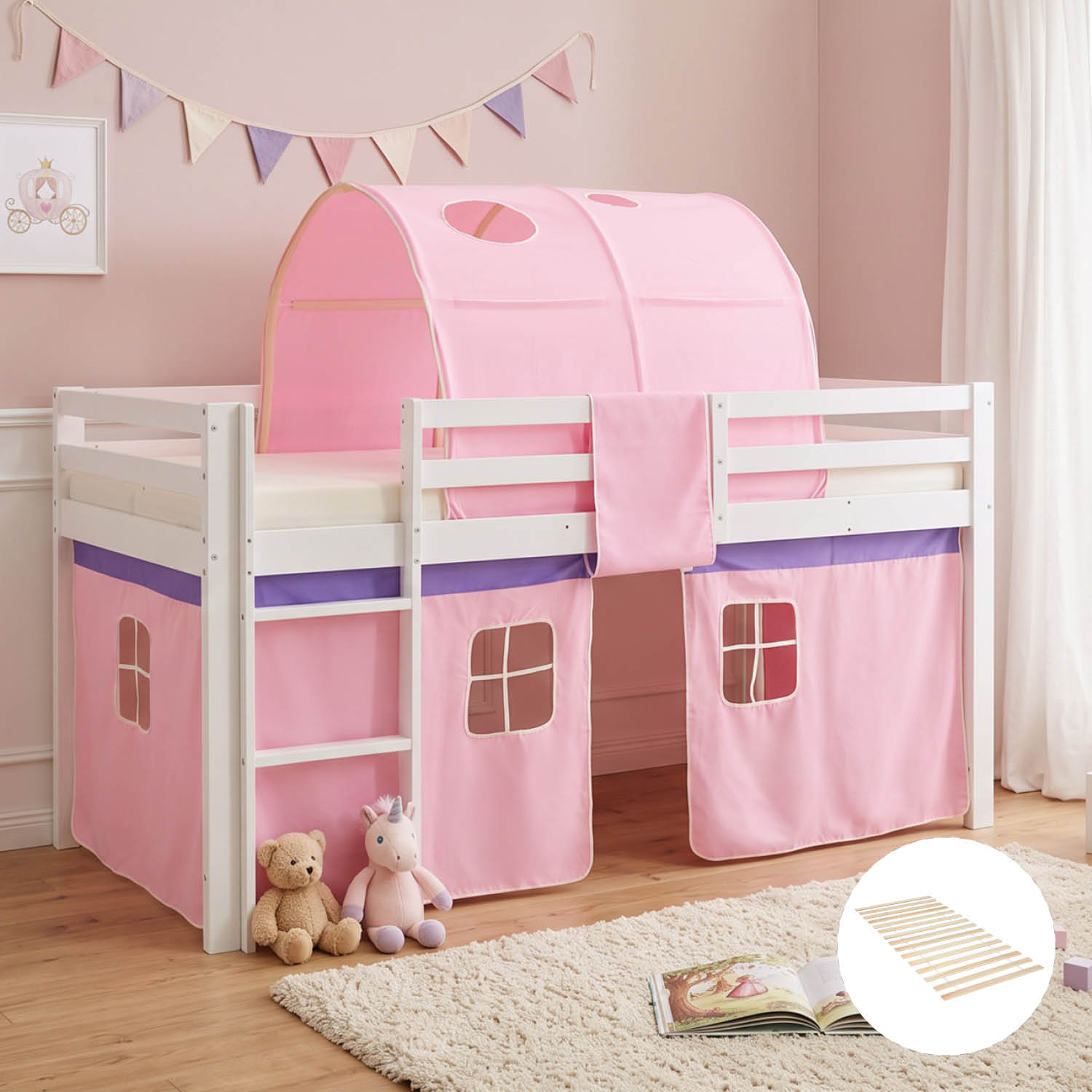 Children's Loft Bed 90x200 cm, White with Pink Curtain | Tunnel | Includes Slatted Base