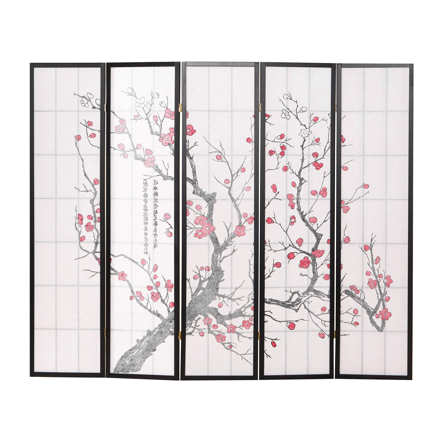 Paravent Black Cherry Pattern | Rice Paper White | 5-panel | Wood | Room Divider Partition Privacy Screen