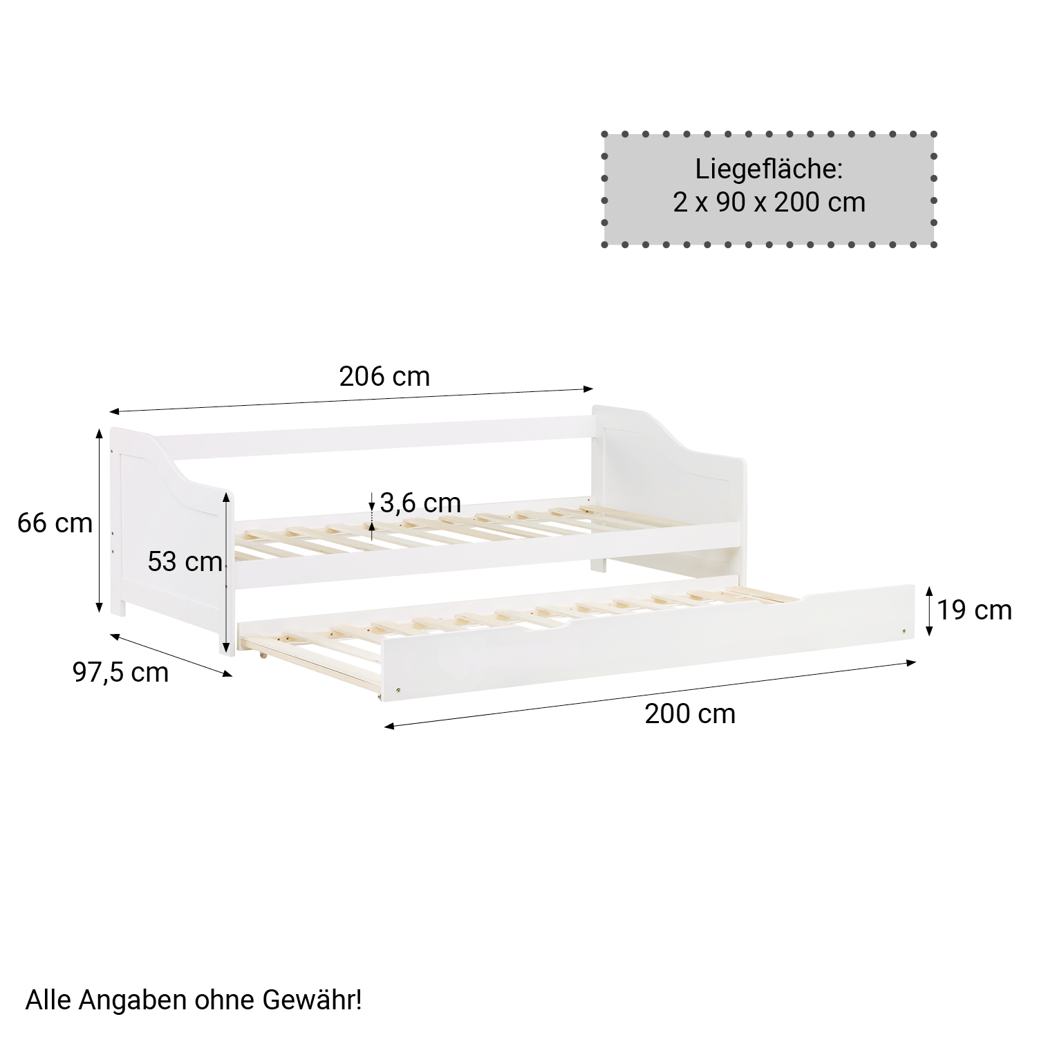 Guest bed Wooden bed 90x200 cm White Gray Natural Daybed Pull-out bed Youth bed Pull-out bed Functional bed 2 mattresses