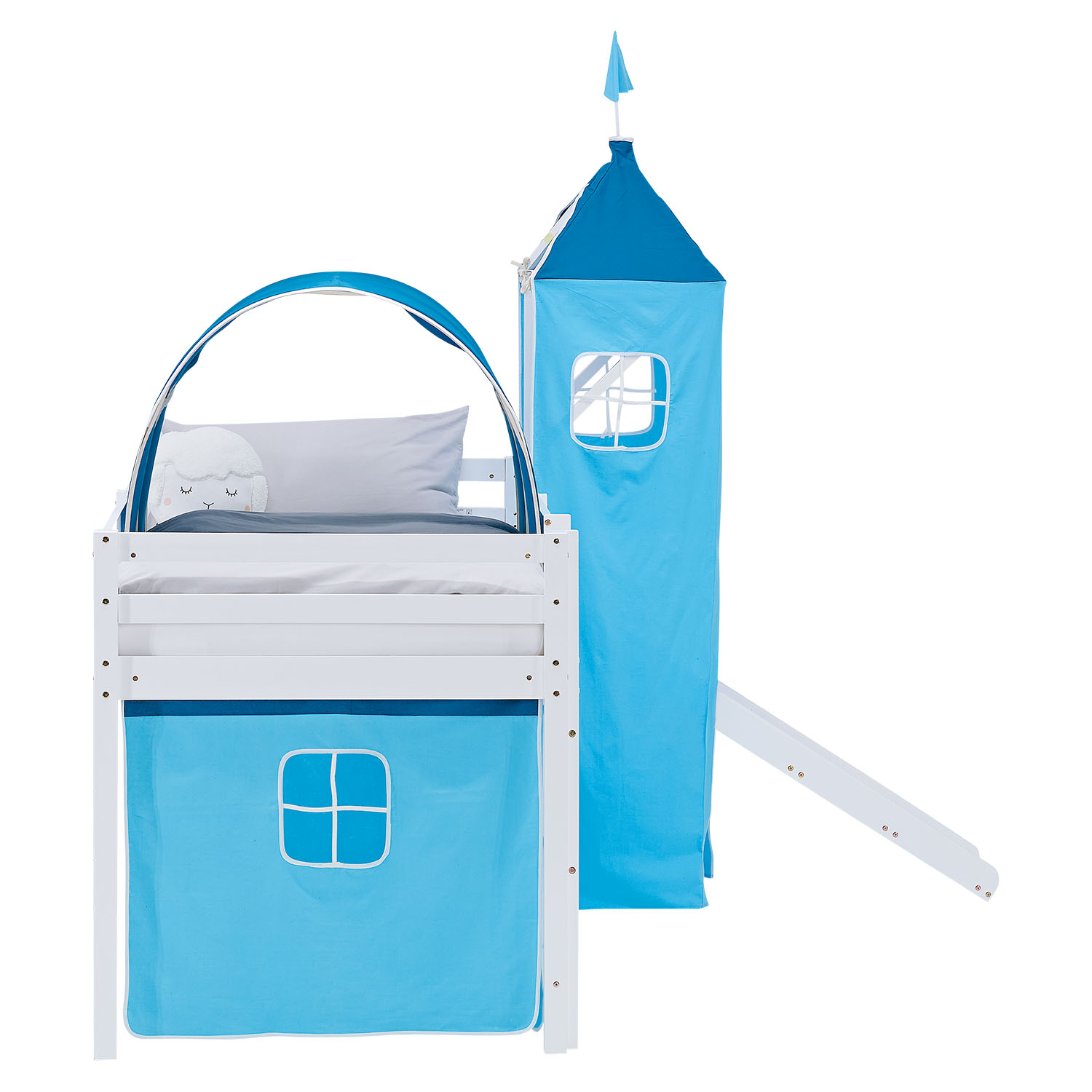 Loft Bed for Kids 90x200 cm White with Curtain in Blue | Slide | Tower | Tunnel | with Slatted Frame and Mattress