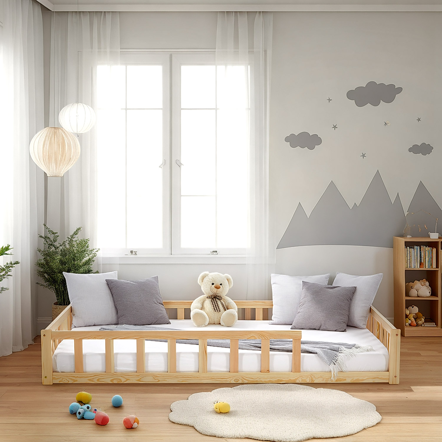 Children's Bed 120x200 Natural | Floor Bed with Mattress & Slatted Frame | with Fall Protection | Montessori