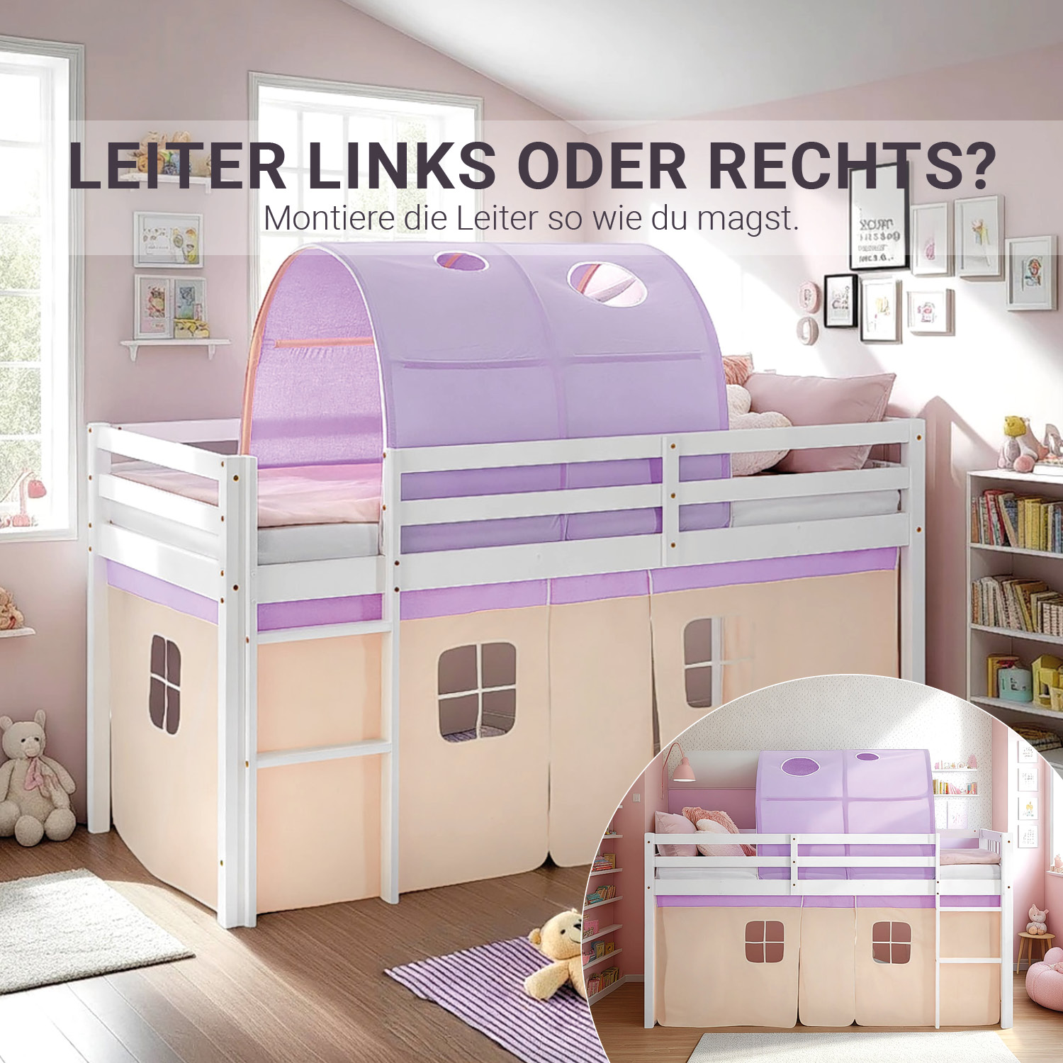 Children's Loft Bed 90x200 cm, White with Purple-Beige Curtain | Tunnel | Includes Slatted Base and Mattress