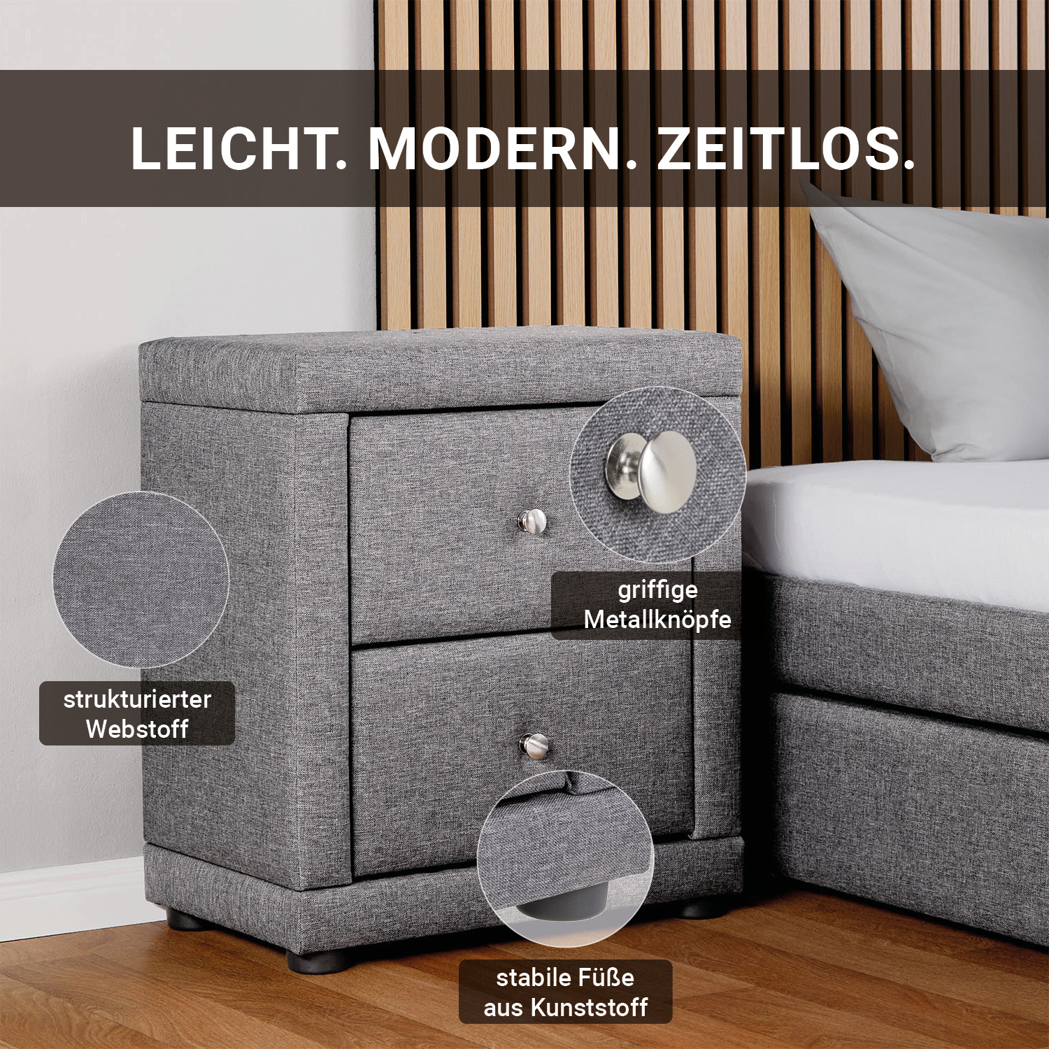 2 Bedside tables Nightstand bedroom 2 Chest drawers Side table Grey fabric