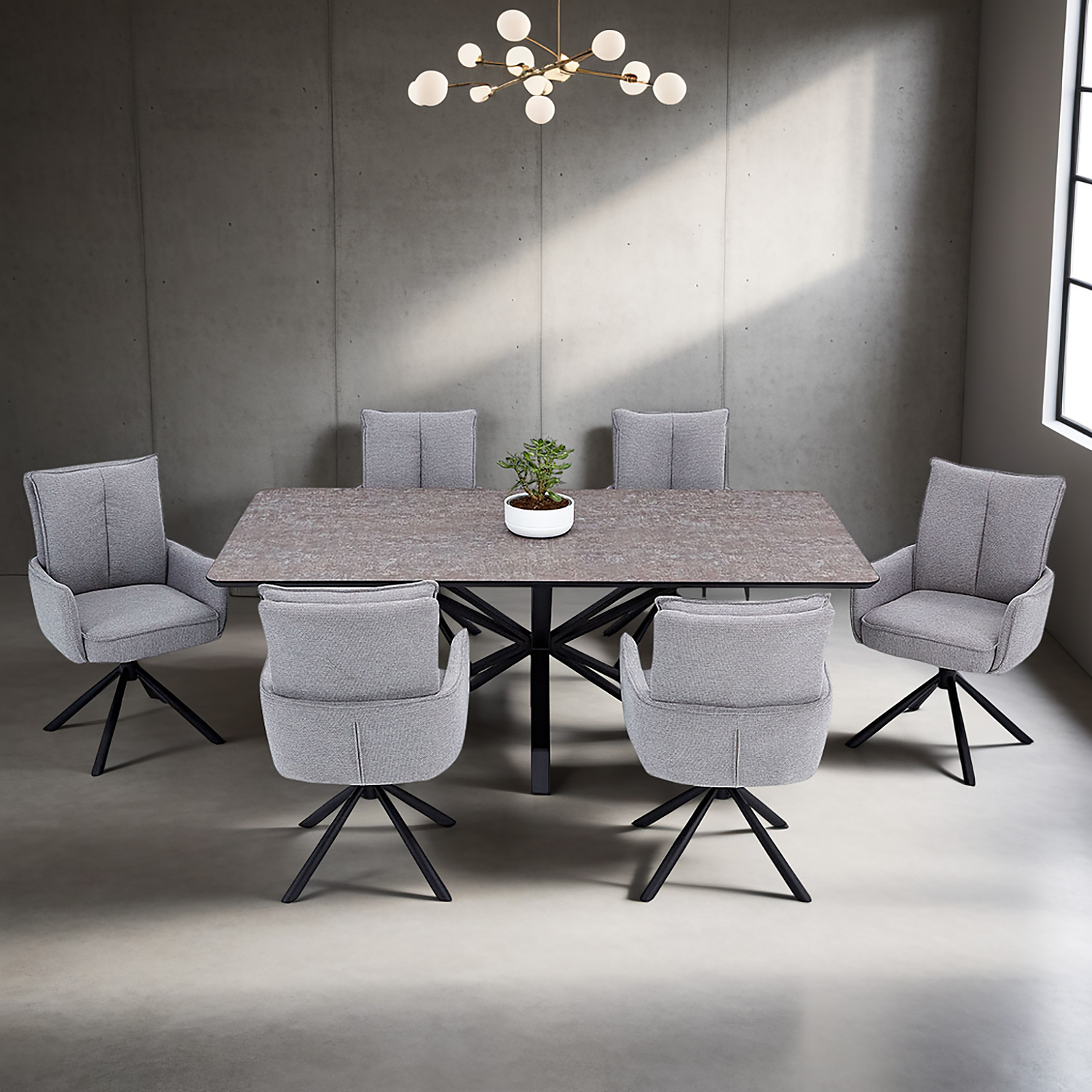 7-piece dining set: swivel upholstered chairs in gray with armrests & brown dining table (200 x 100 cm) with metal frame