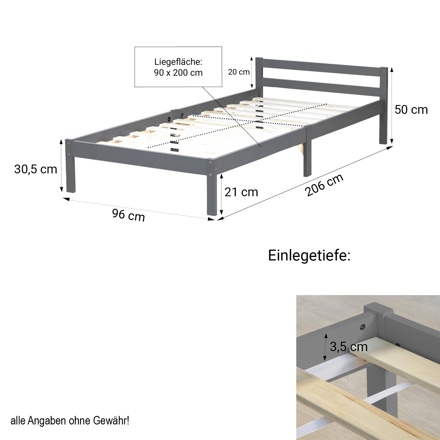 Pallet Bed 90x200 cm Gray | Single Bed | with Slatted Frame | Wood | Kids Youth Guest Bedroom