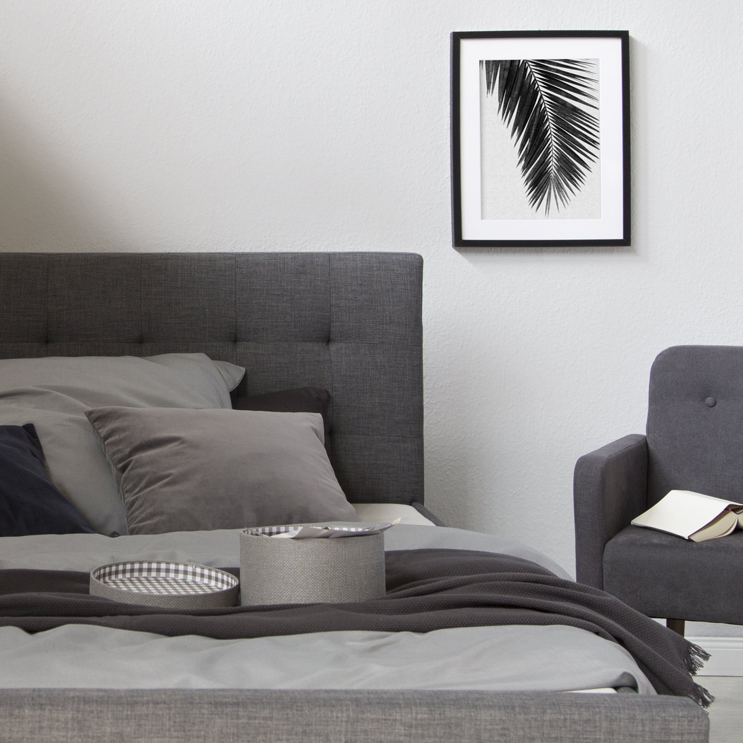 Upholstered bed 160x200 cm grey anthracite | with slatted frame | with 2 bed drawers | double fabric bed frame