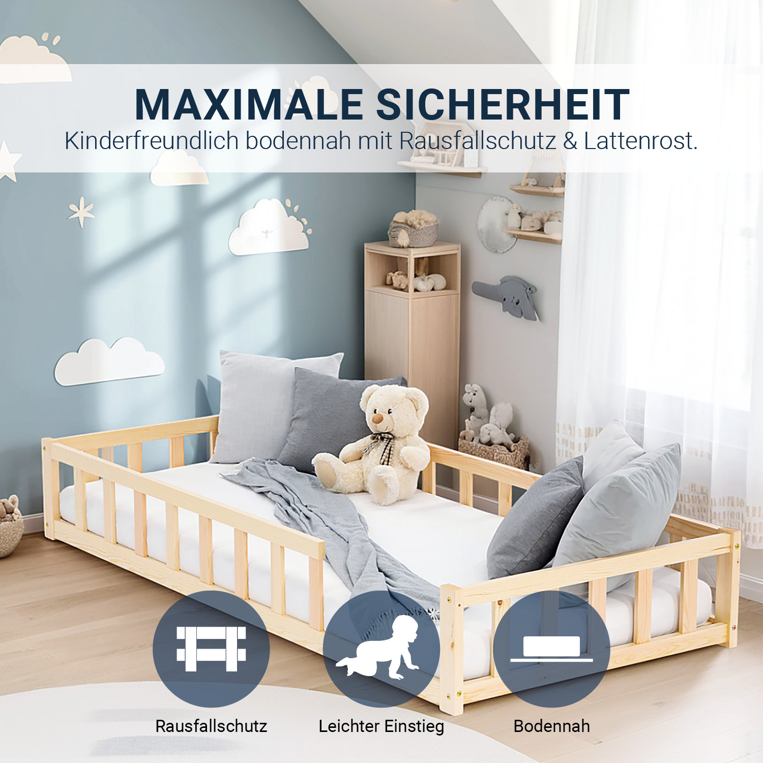Toddler Floorbed 90x200 or 120x200 cm Montessori Bed with Barriers White Natural Wooden Infant Floor Bed Children's Bed Massif Kids Bed Single Bed Mattress
