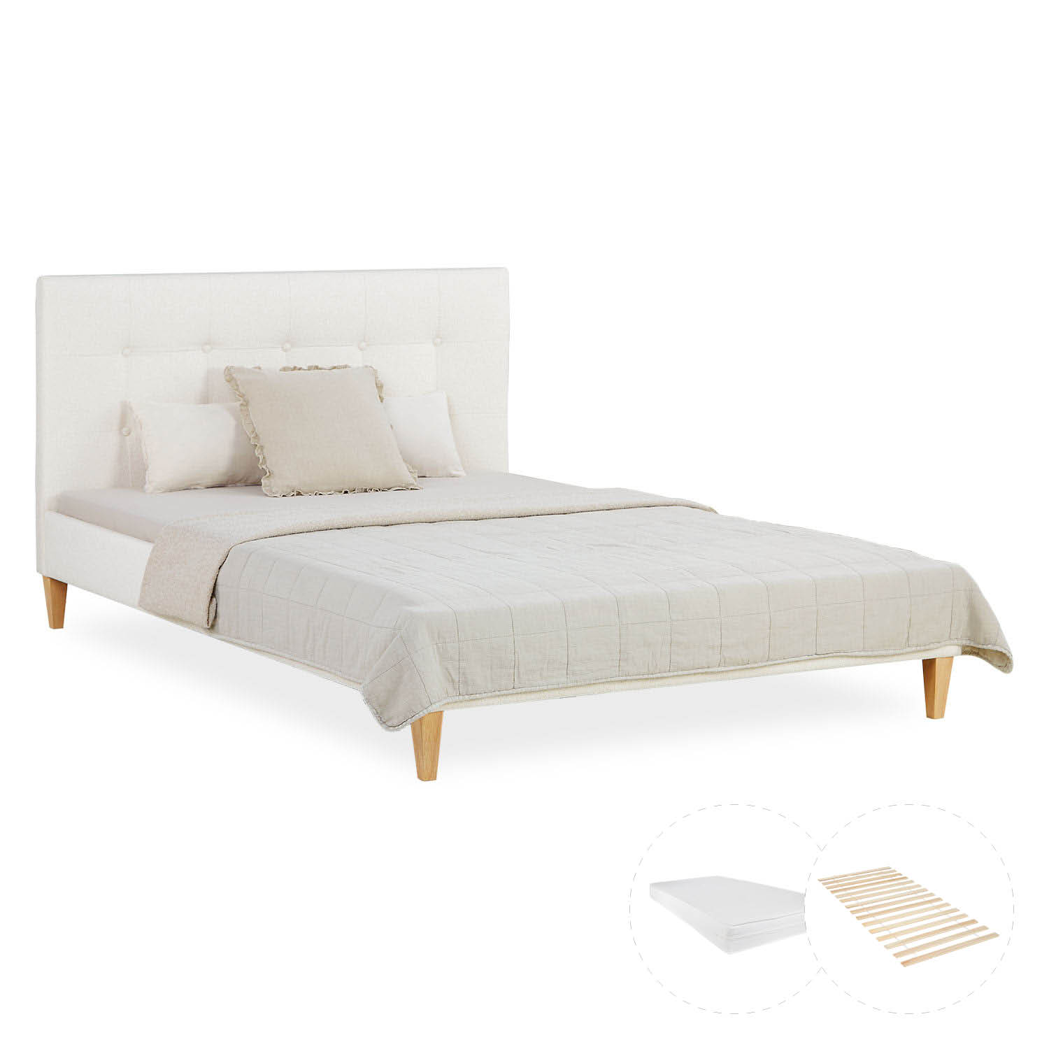 Upholstered bed 140x200 cm nature Bouclé | with slatted frame | with mattress | double fabric bed frame