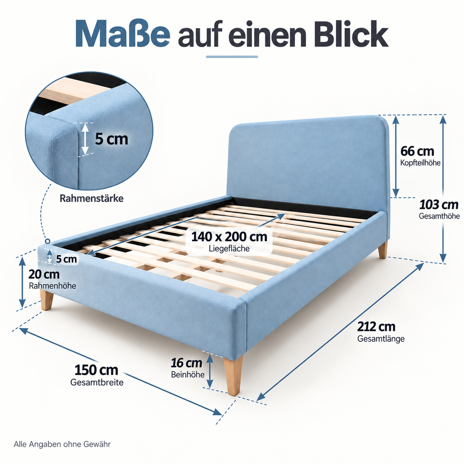 Upholstered bed 140x200 cm light blue | with slatted frame | double fabric bed frame