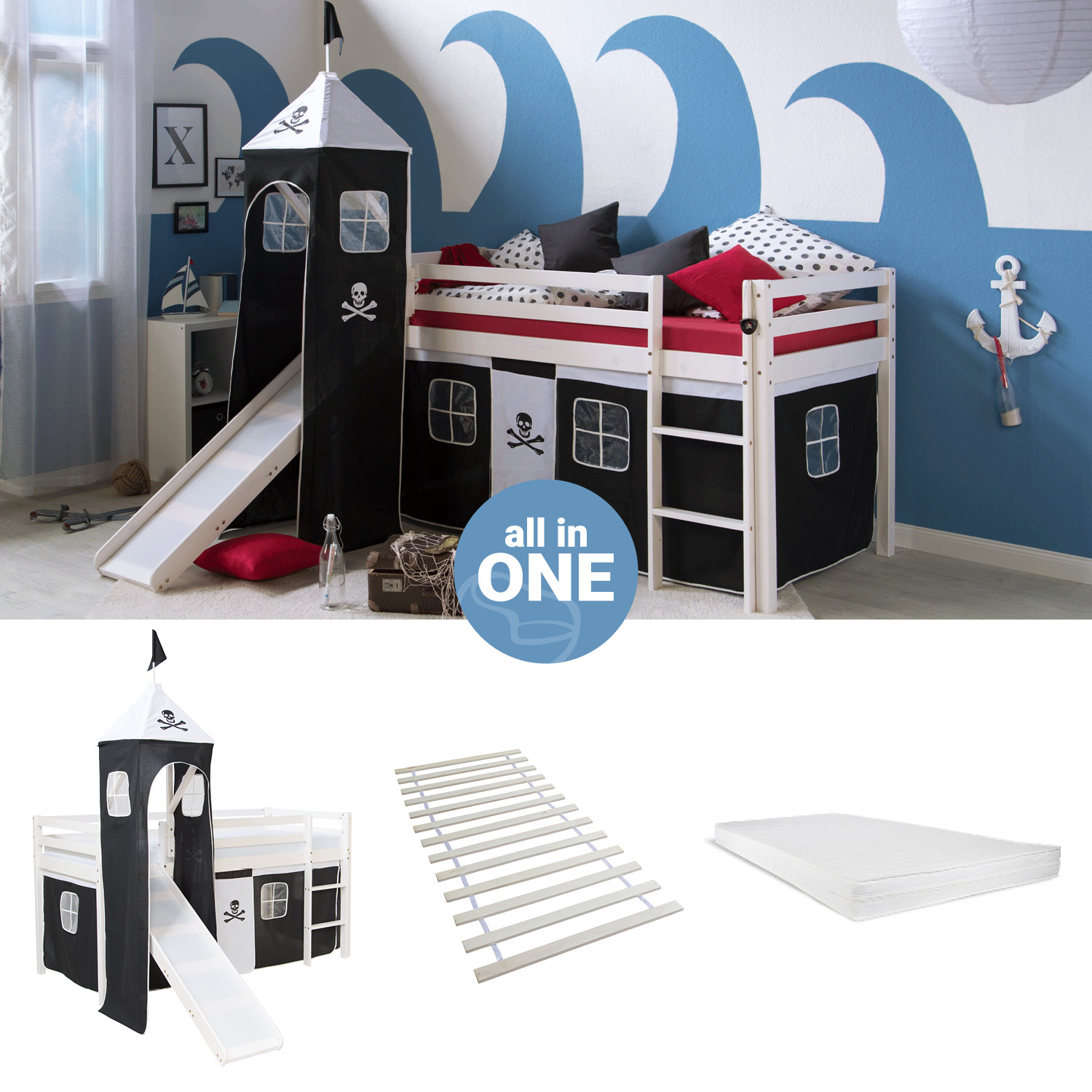 Loftbed 90x200 cm with Tower Slide Mattress Bunk bed Childrens bed Solid Pine Wood Slats Curtain Black Pirate