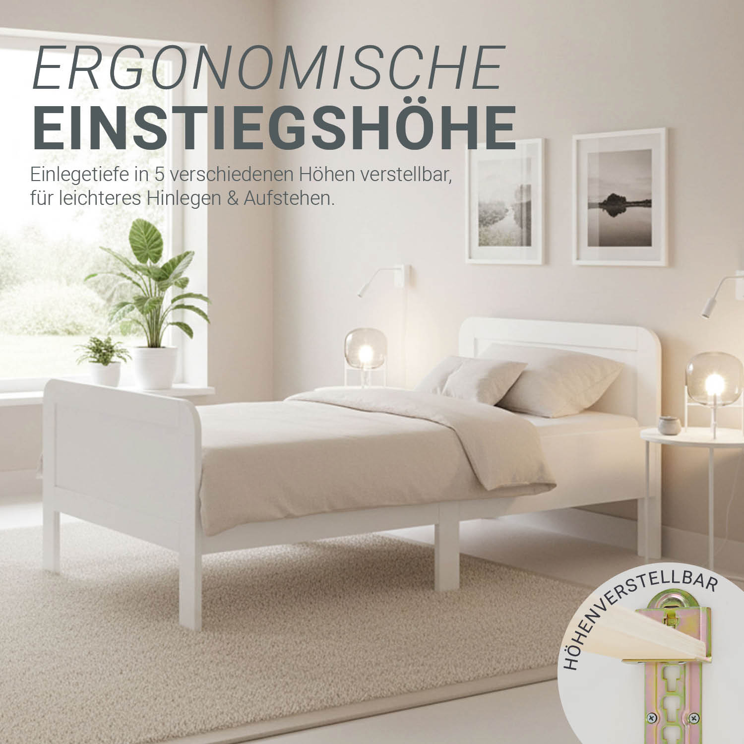 Comfort Bed 90x200 cm White | Senior Bed Height Adjustable | Single Bed | Wood | without Slatted Frame