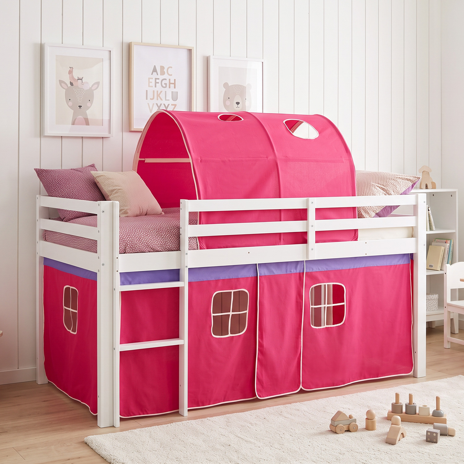 Loft Bed Kids 90x200 cm White with Curtain in Pink | Tunnel | with Slatted Frame