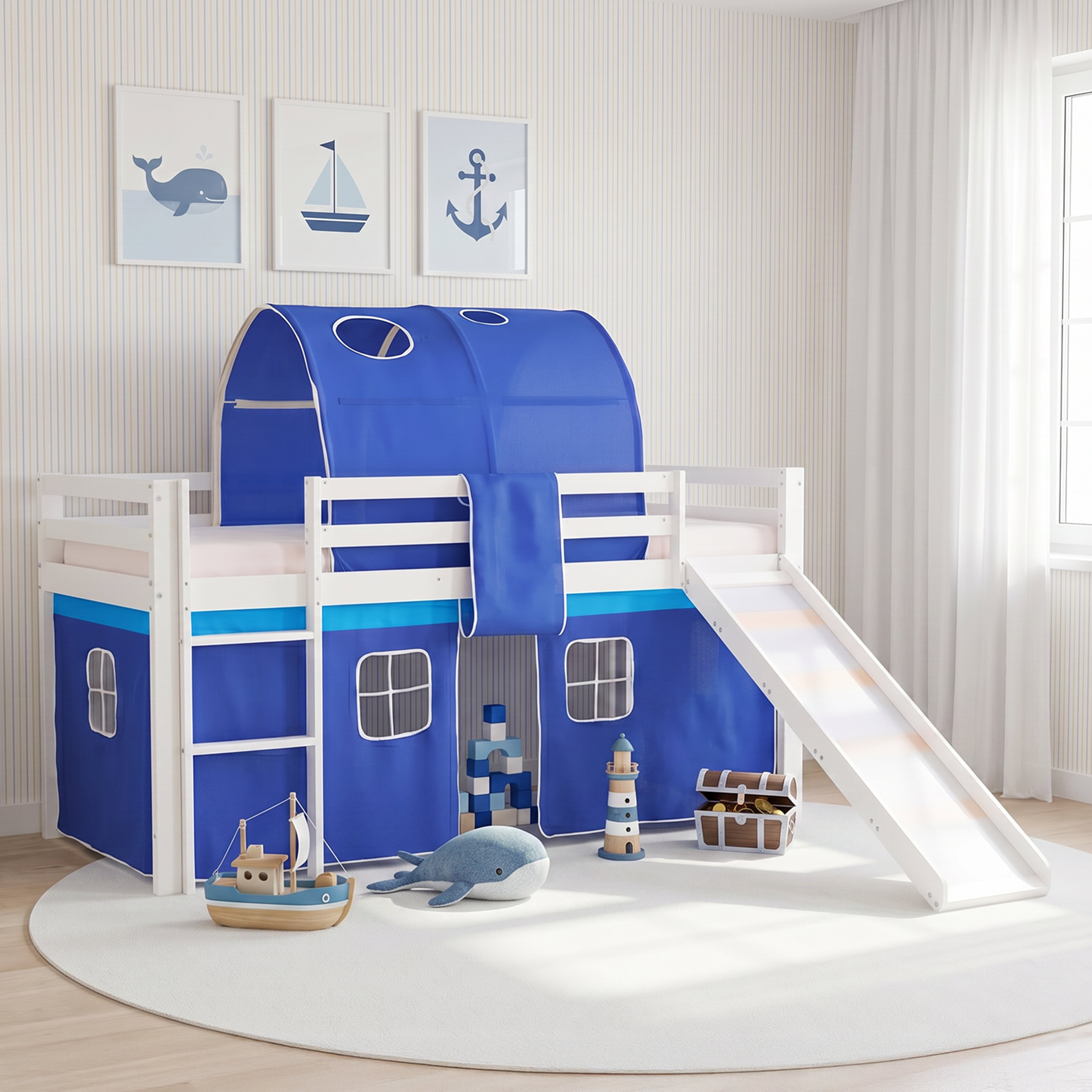 Children's Loft Bed 90x200 cm, White with Blue Curtain | Tunnel | Slide | Without Slatted Base