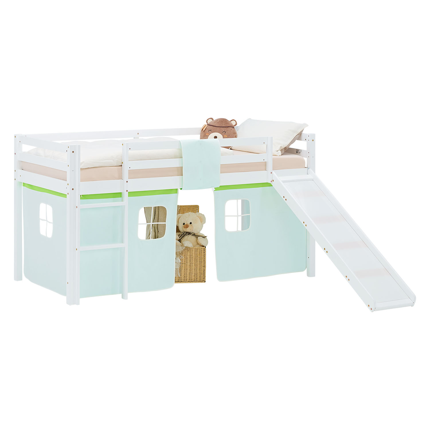 Loft Bed for Kids 90x200 cm White with Curtain in Green | Slide | with Slatted Frame and Mattress