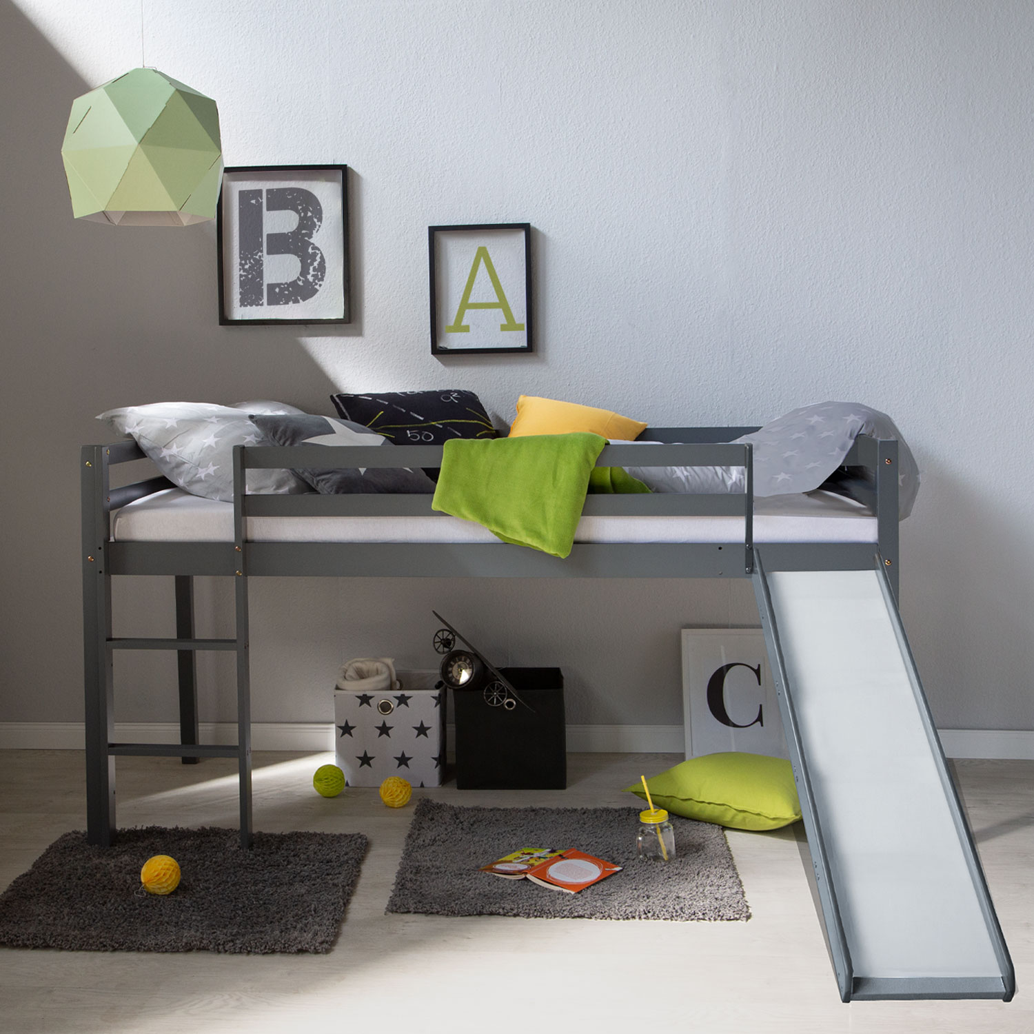 Loft Bed with Slide Slatted Frame 90x200 cm Grey Solid Pine Play Bed Children's Bed Bunk Bed