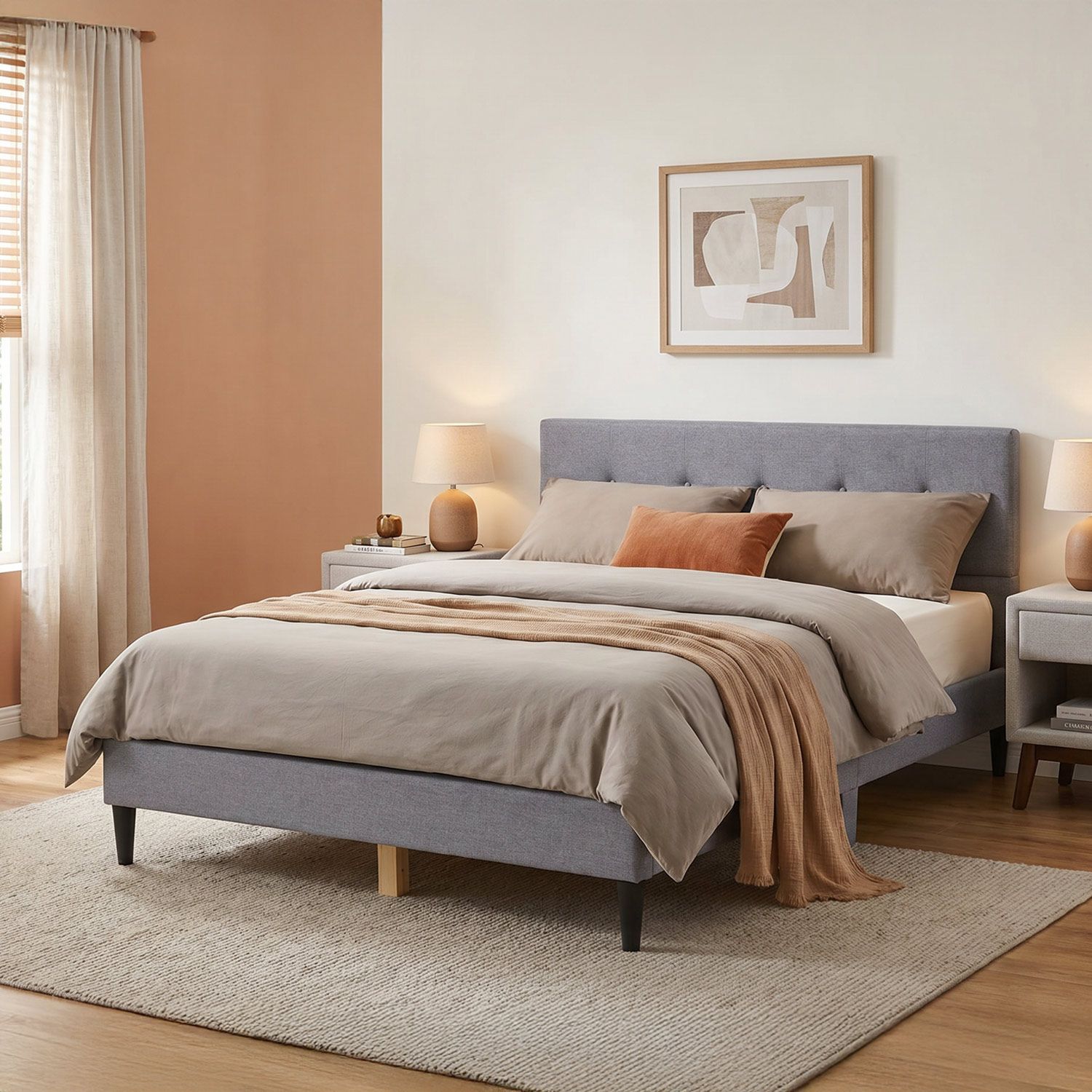 Upholstered bed 160x200 cm grey | with slatted frame | double fabric bed frame