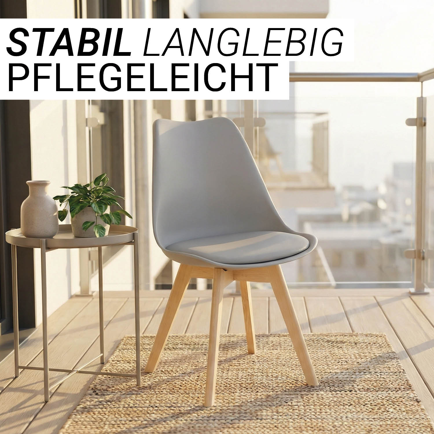 Dining Set (5-Piece): 120x80 cm oak extendable dining table with 4 grey plastic chairs and wooden legs