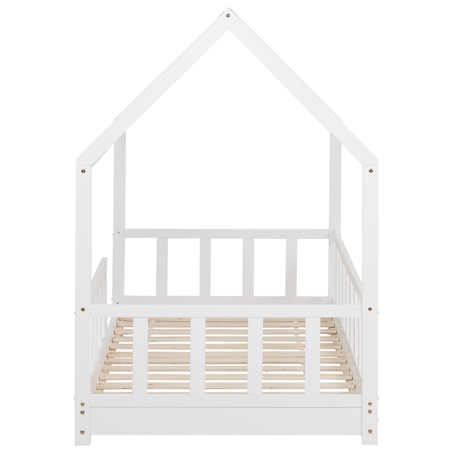 Children's Bed 90x200 cm White | House Bed with Fall Protection | Montessori | Single Bed | with Slatted Frame | Wood