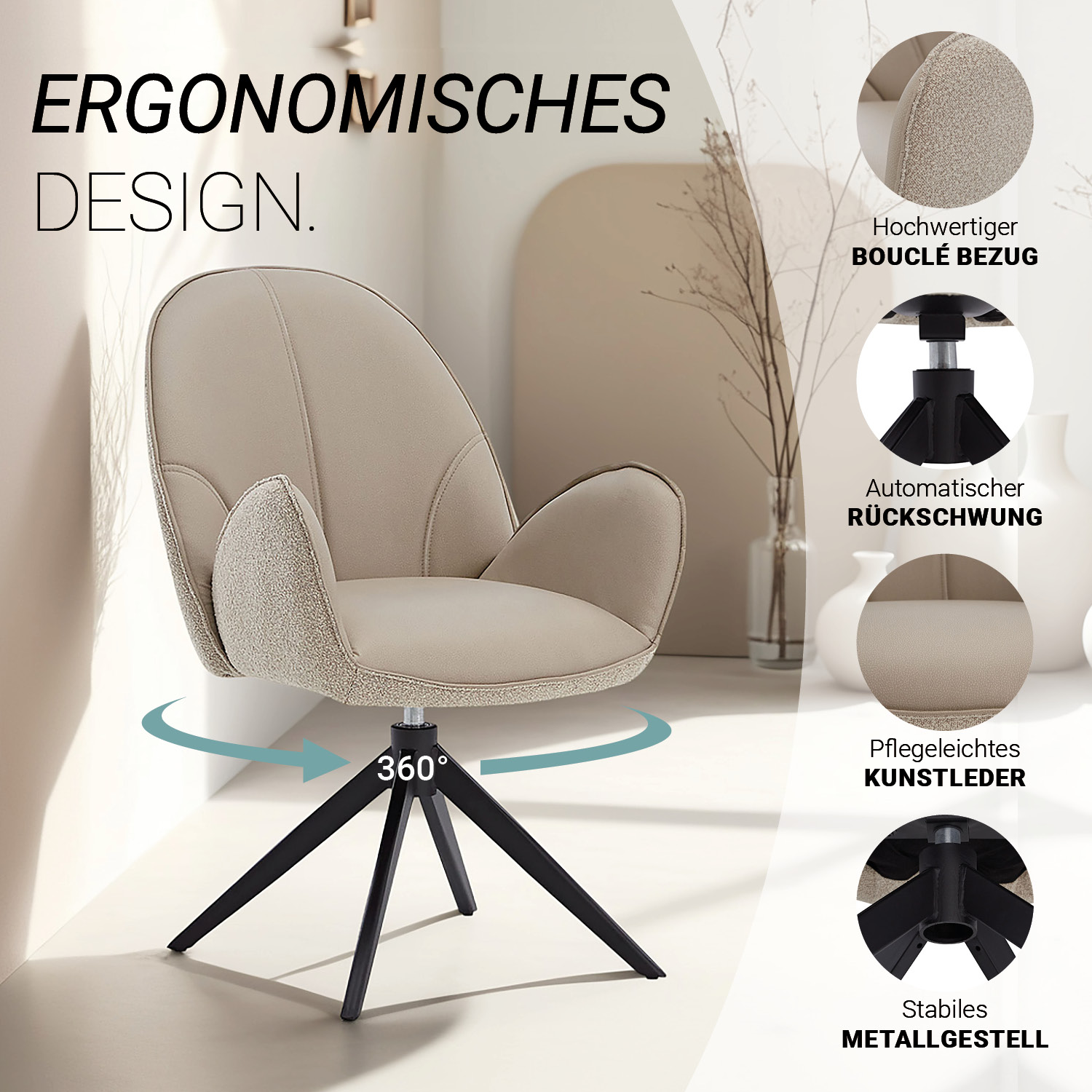 Dining set | 4-piece set upholstered chairs beige bouclé Leder with armrest | swivel | dining table brown metal frame oval 200 cm