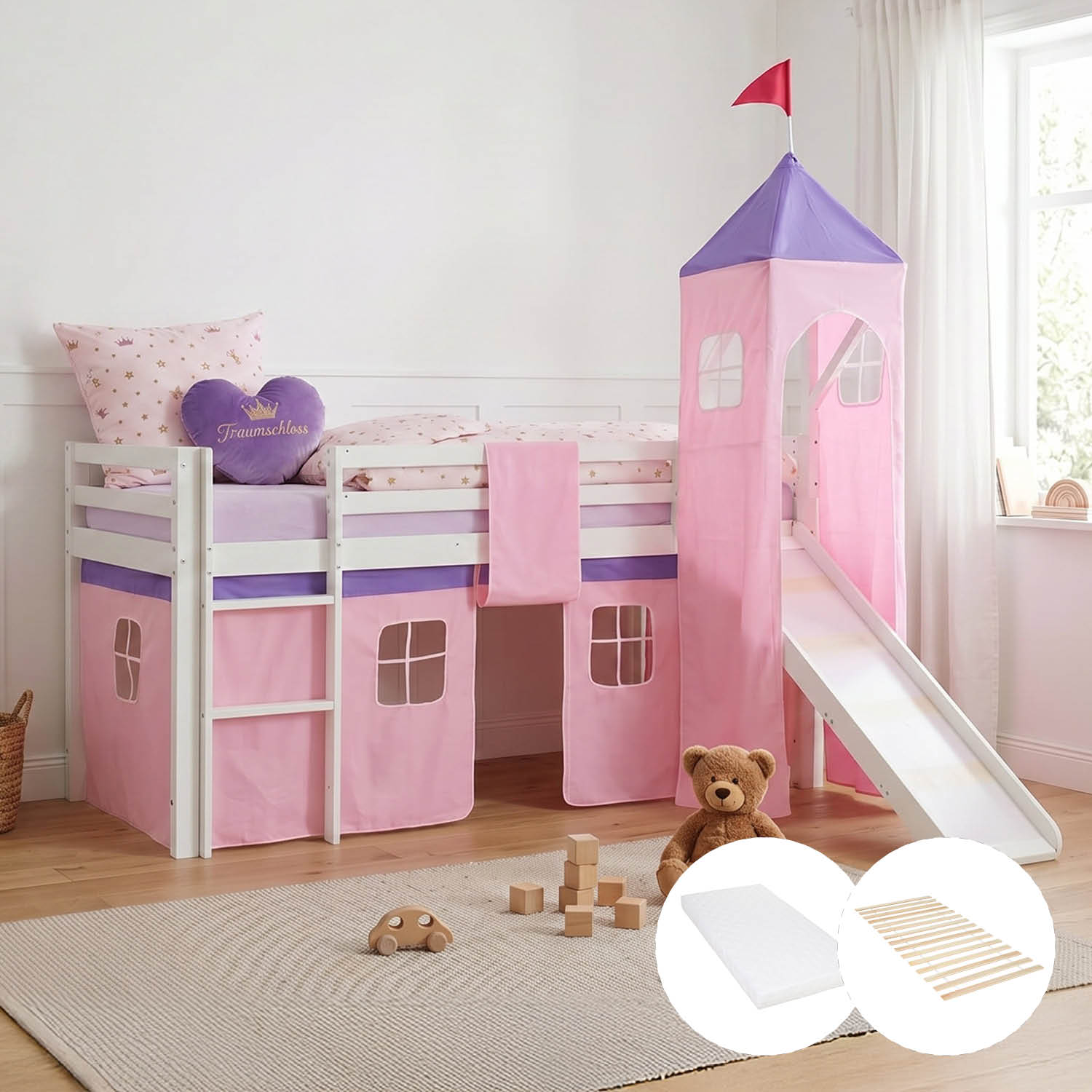 Children's Loft Bed 90x200 cm White with Pink Curtain | Slide | Tower | With Slatted Base | With Mattress