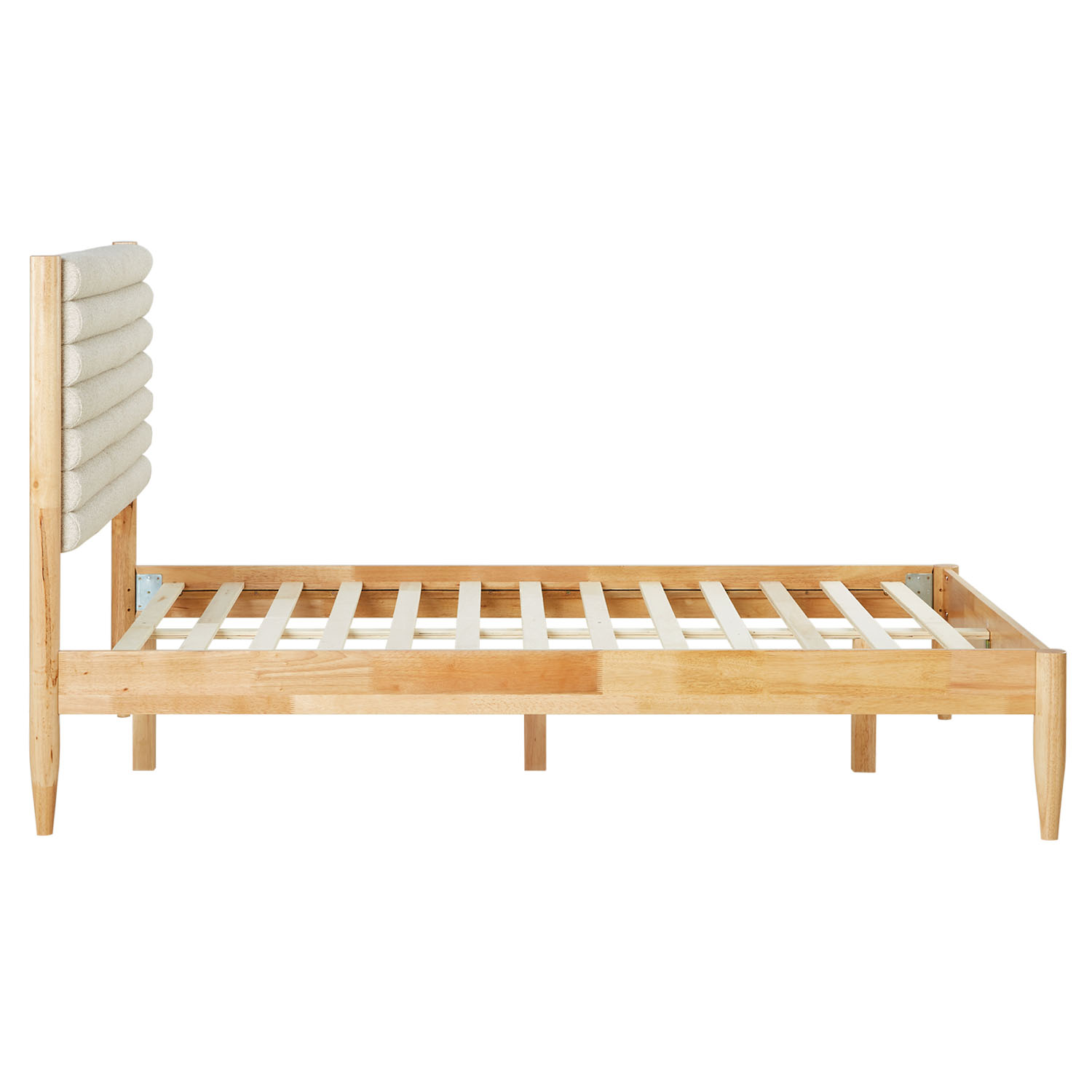 Small Double Bed 140x200 cm Wooden Bed Bouclé Beige Upholstered Bed with Slatted Frame Fabric Bed Frame