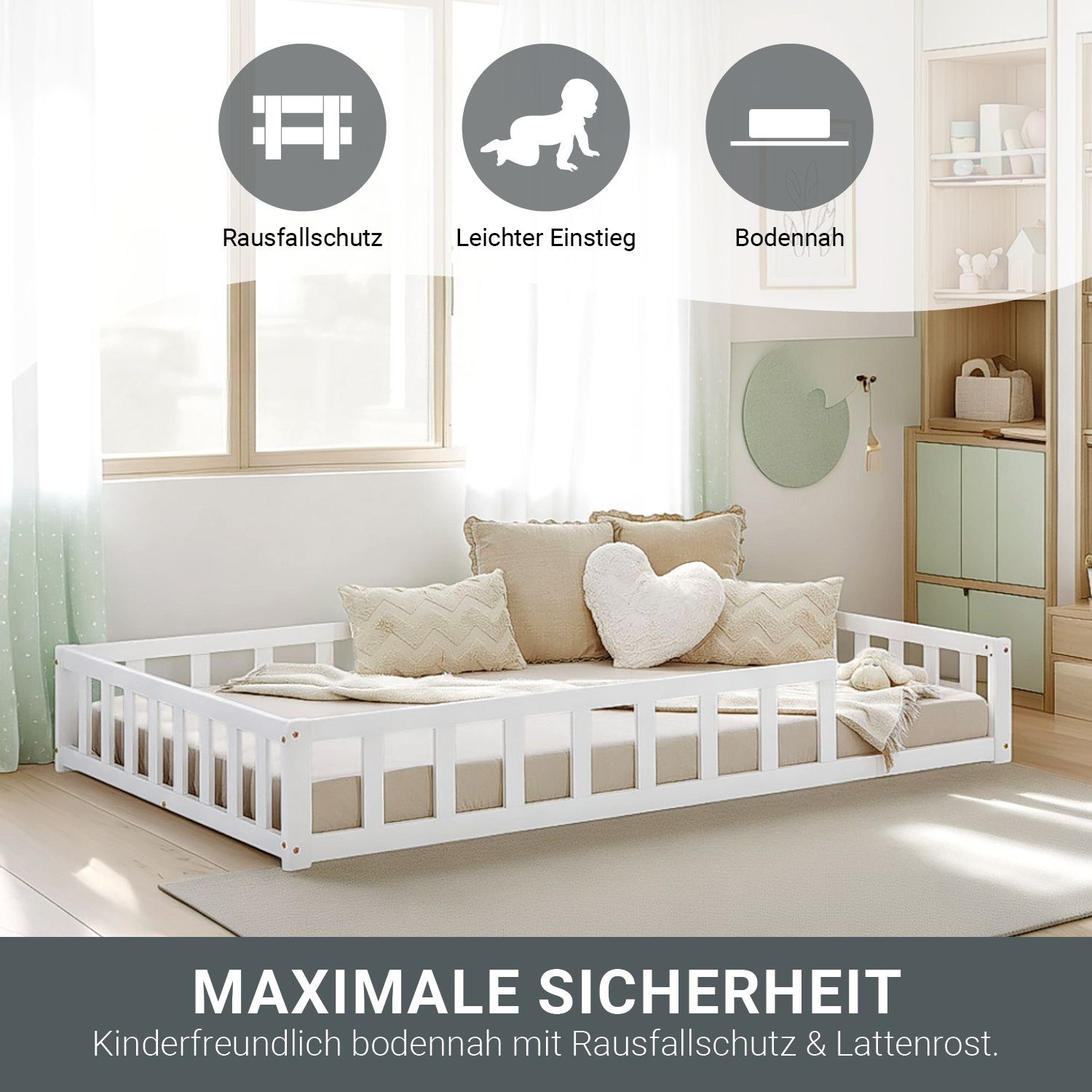 Children's Bed 120x200 White | Floor Bed with Mattress & Slatted Frame | with Fall Protection | Montessori