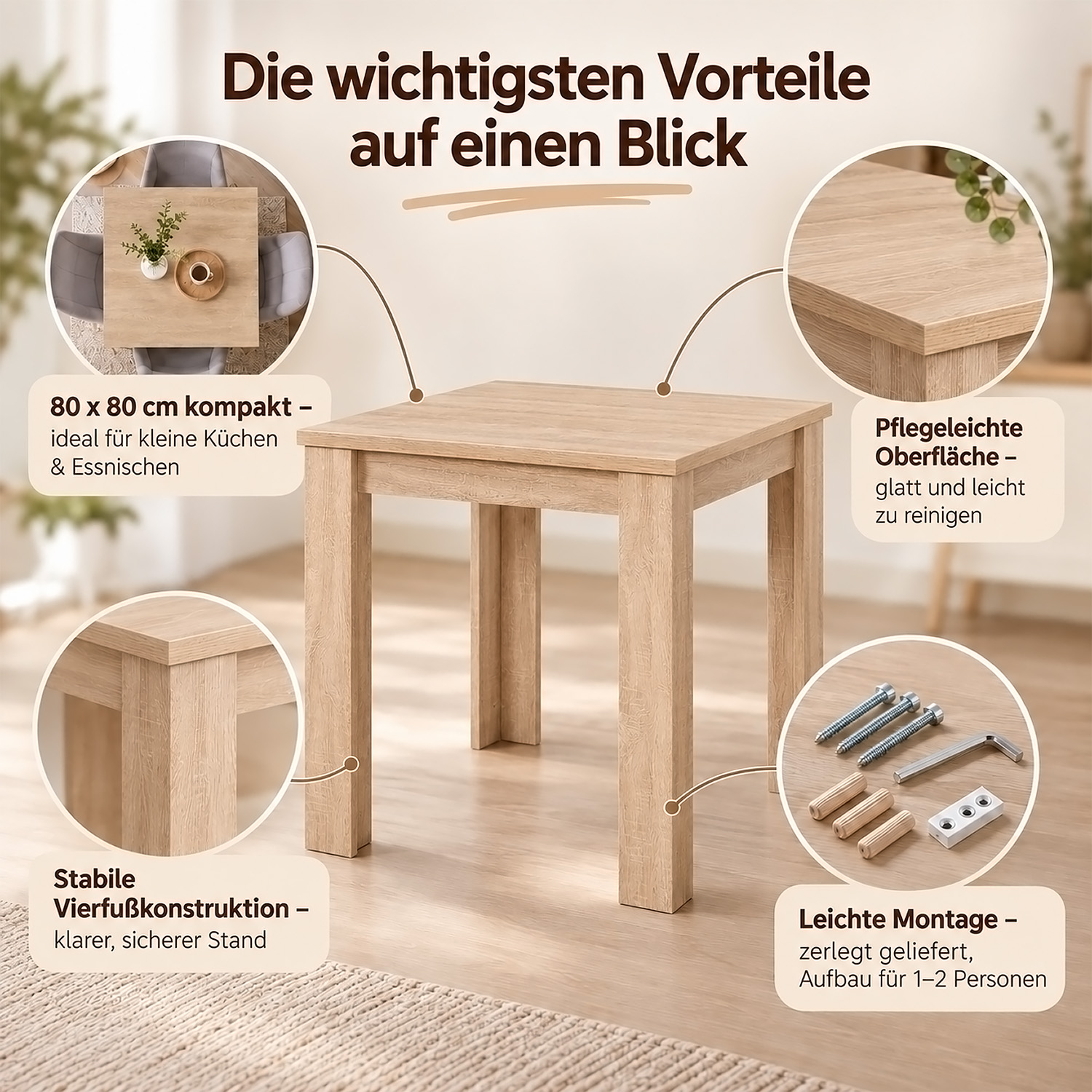 Dining Set (3-Piece): 80x80 cm oak dining table with 2 grey plastic chairs and wooden legs