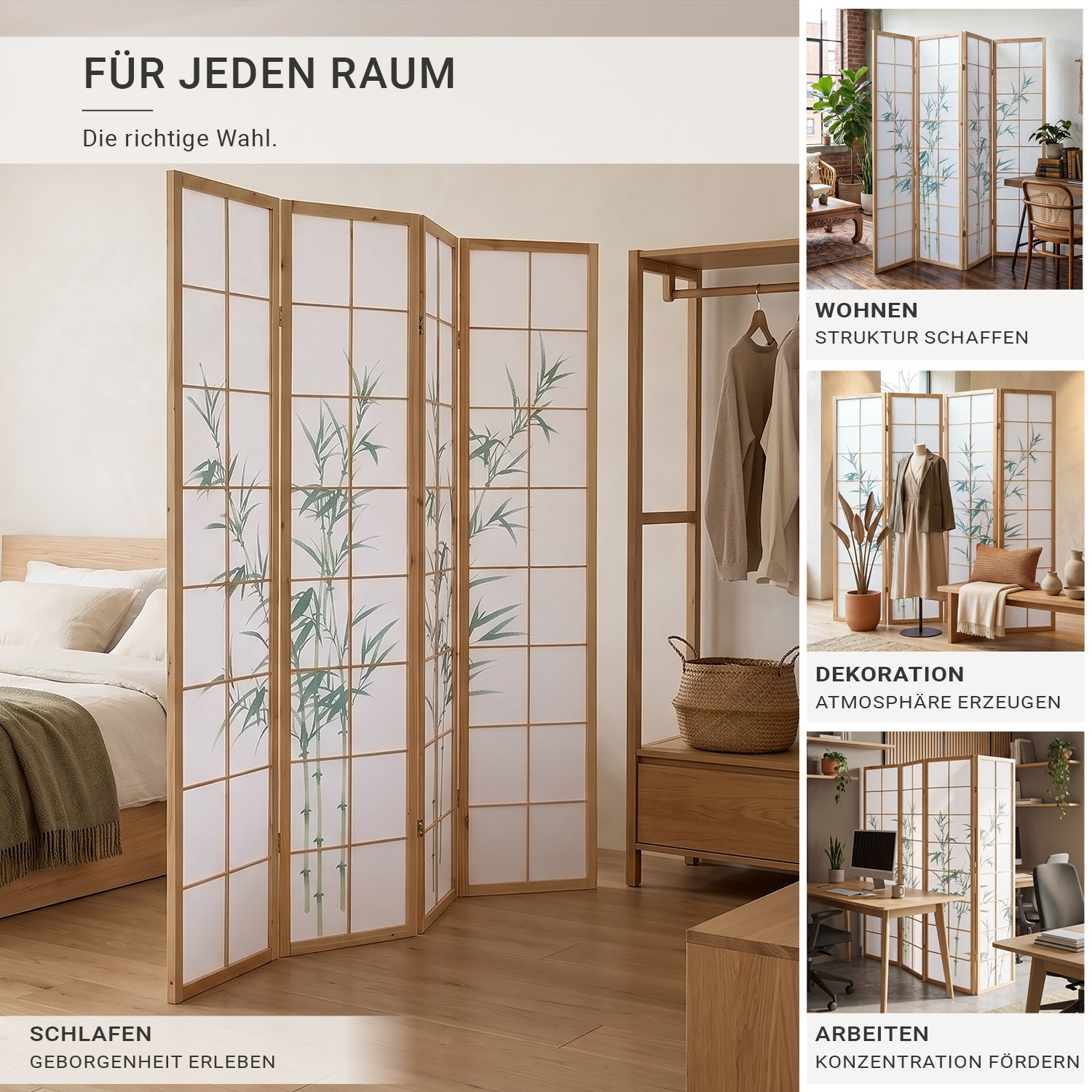 4-Panel "Nature" Screen – Wooden Room Divider with Bamboo Pattern & Rice Paper