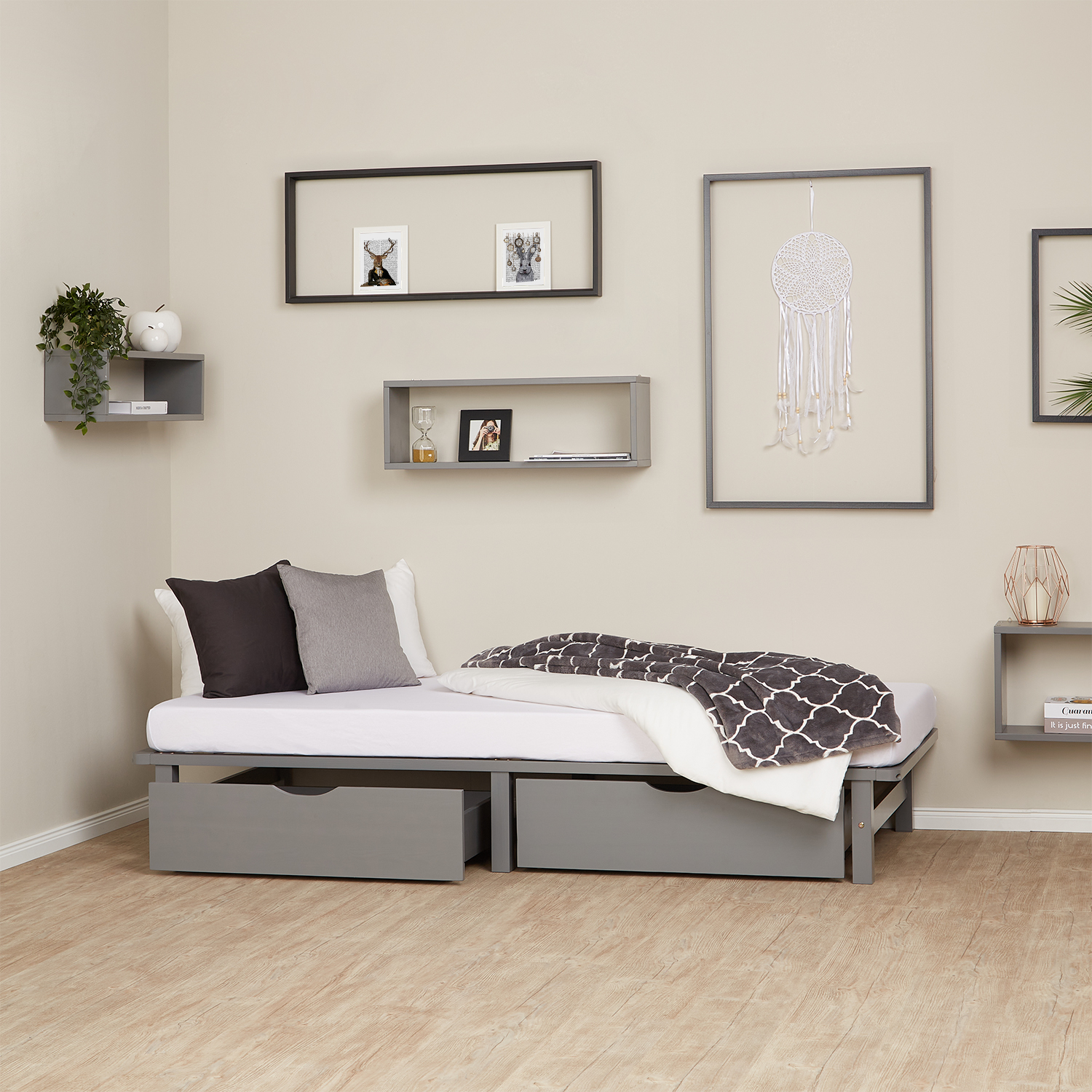 Pallet Bed 90x200 cm Gray with Drawers & Slatted Base – Solid Wood Single Bed with Storage