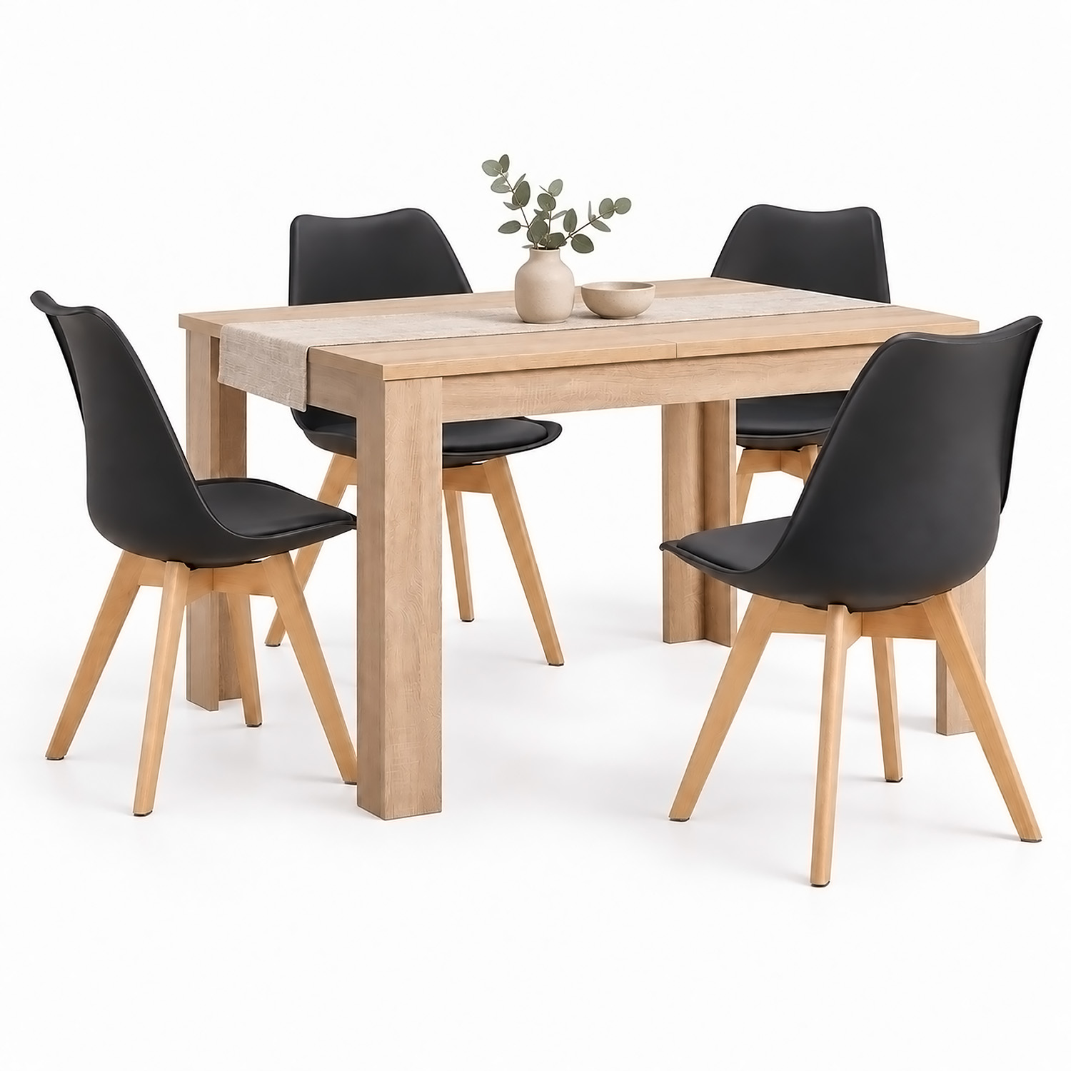 Dining Set (5-Piece): 120x80 cm oak extendable dining table with 4 black plastic chairs and wooden legs