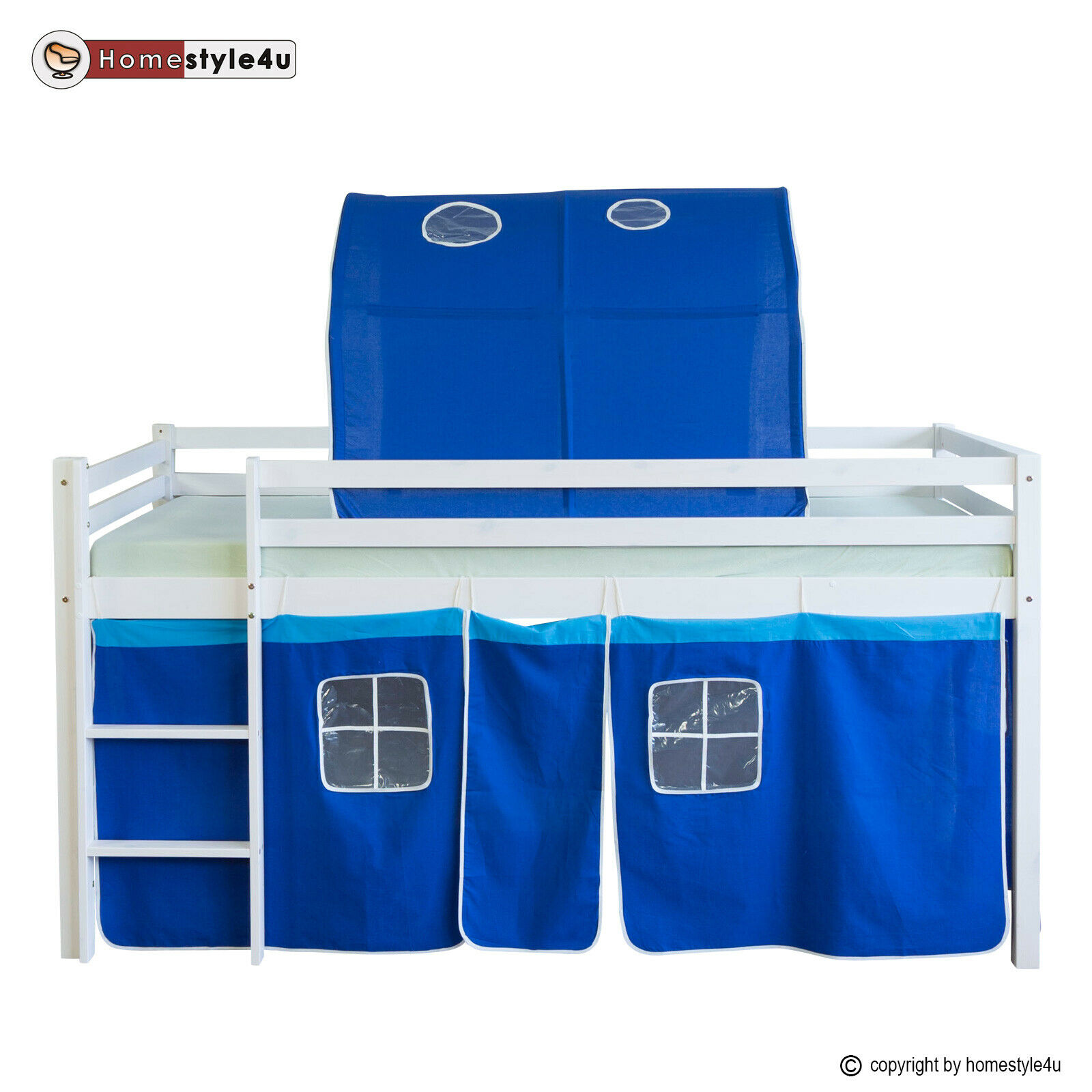 Loft Bed Kids 90x200 cm White with Curtain in Blue | Tunnel | without Slatted Frame