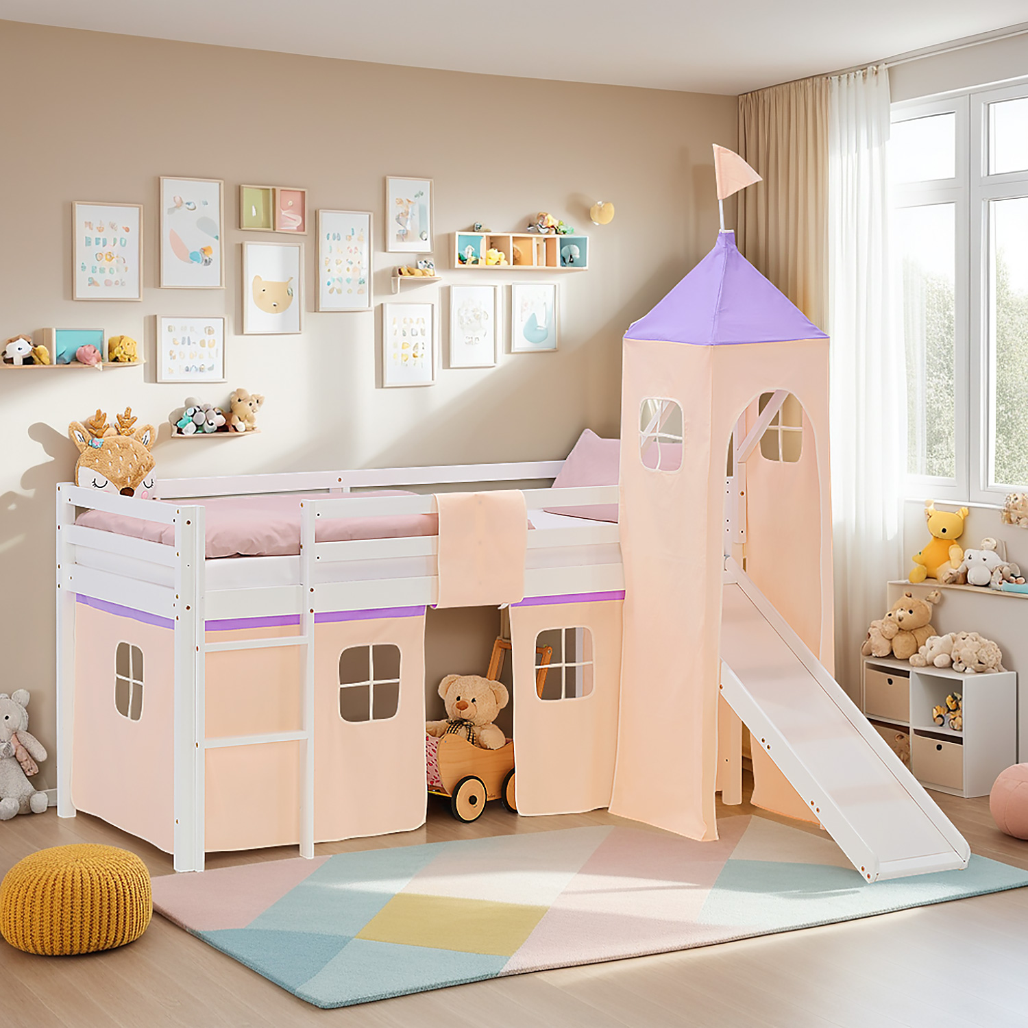Loft Bed for Kids 90x200 cm White with Curtain in Lilac Beige | Slide | Tower | with Slatted Frame and Mattress